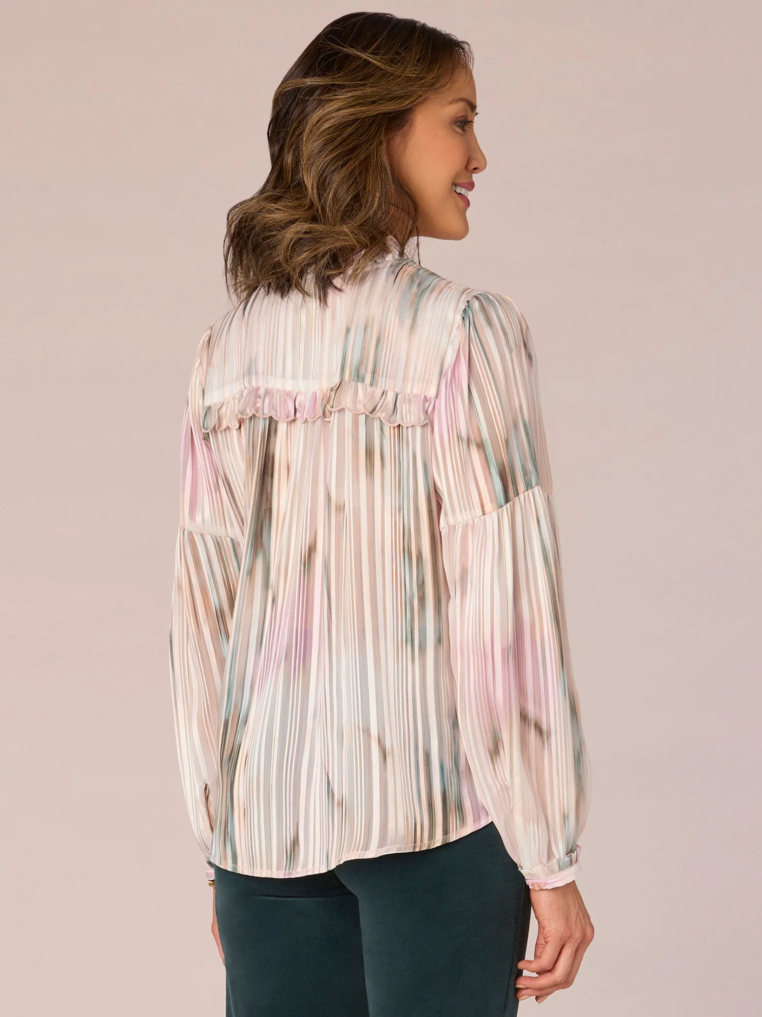 Long Sleeve Ruffle Edge Round Neck Button Front Stripe Woven Shirt - Legahigh
