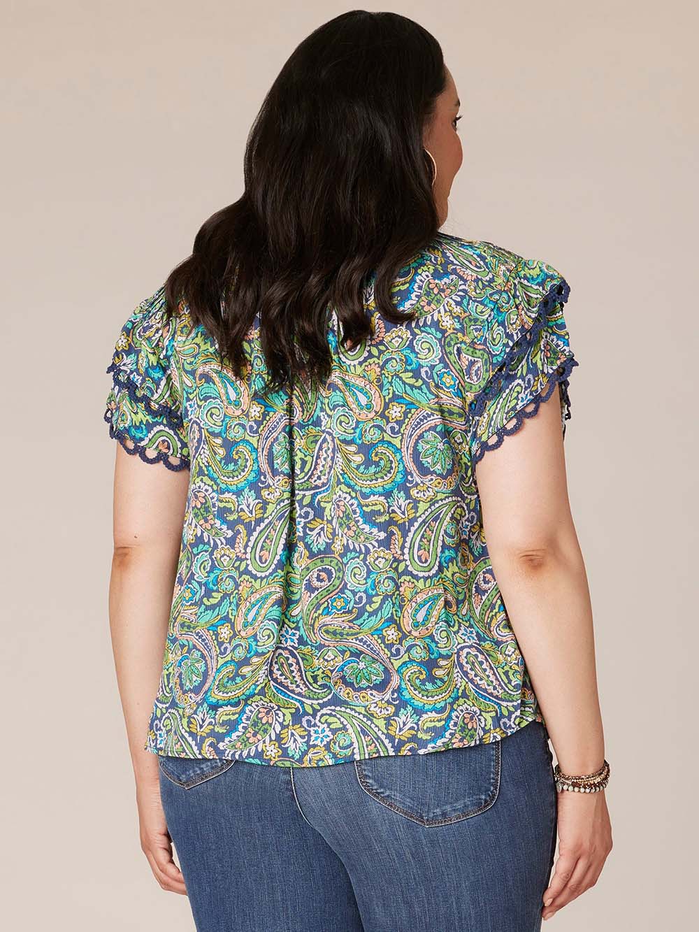 Double Flounce Sleeve V-Neck Paisley Printed Plus Size Woven Top - Legahigh