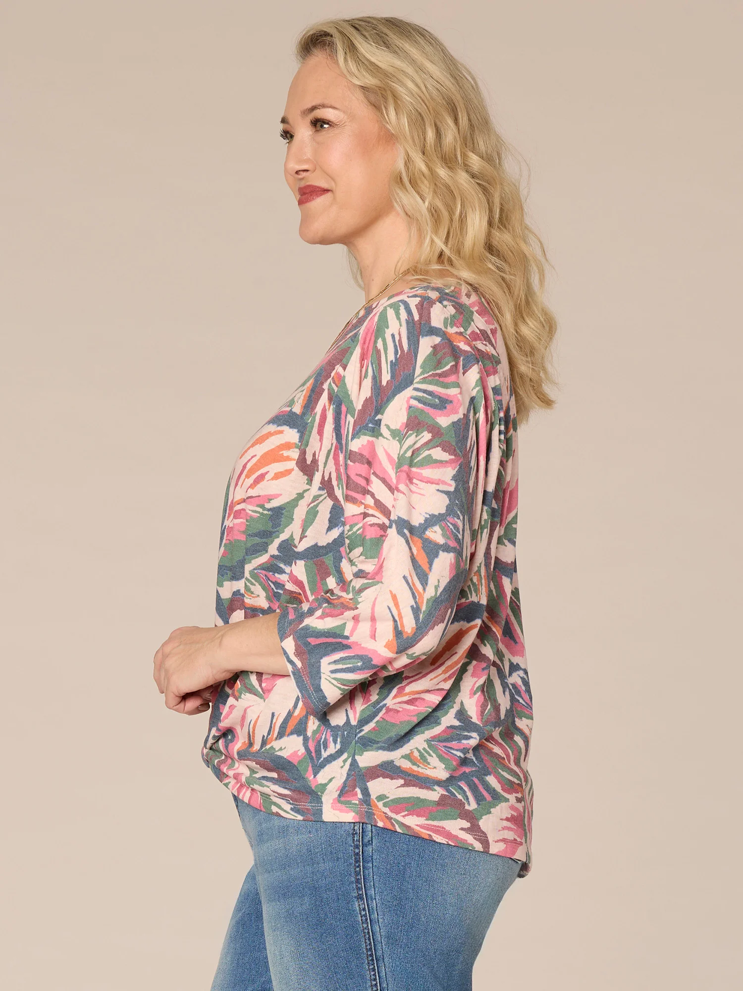 Dolman Sleeve Boatneck Knotted Hem Printed Plus Size Knit Top - Legahigh