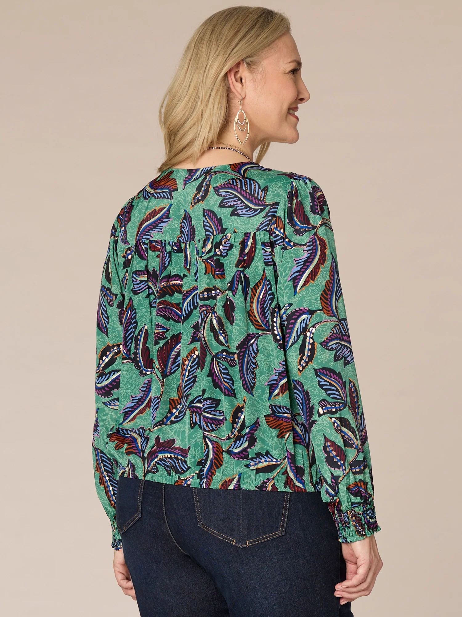 Long Smock Cuff Sleeve Overlap V-Neck Leaf Print Plus Size Woven Top - Legahigh