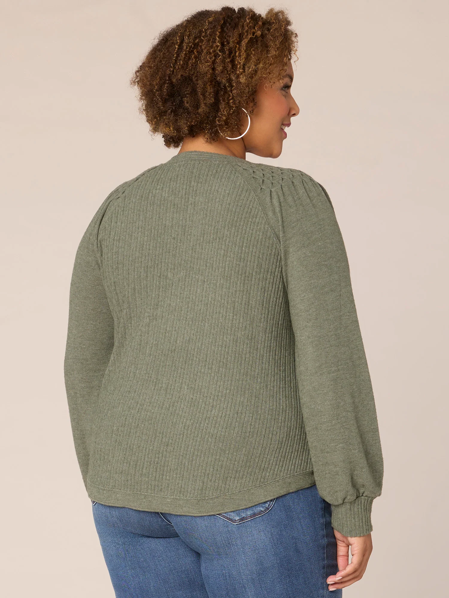 Long Smocked Sleeve Mandarin Collar Half Placket Plus Size Knit Top - Legahigh