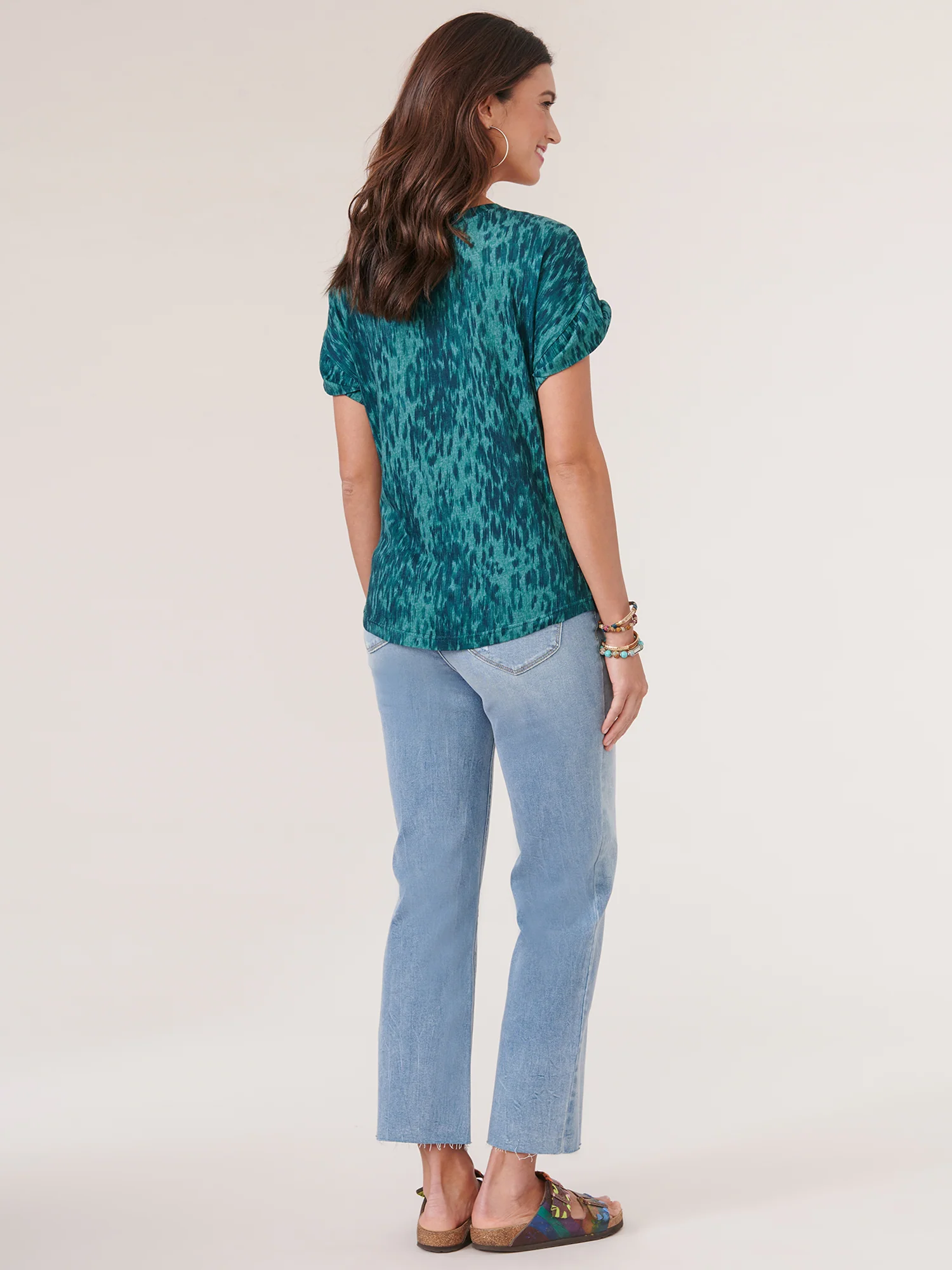 Short Sleeve Scoop Neck Twist Front Hem Tie-Dye Print Knit Top - Legahigh