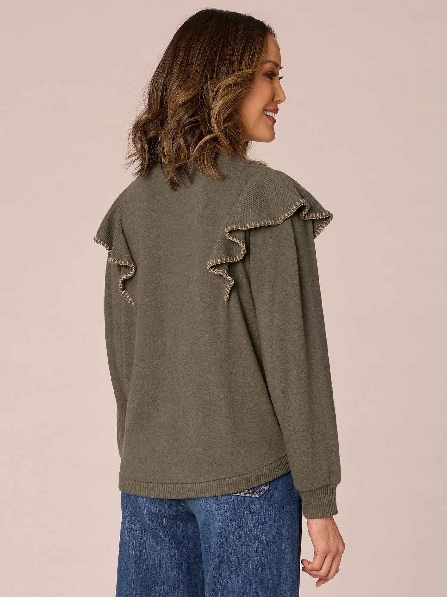 Long Banded Sleeve Scoop Neck V-Placket Embroidered Ruffle Knit Top - Legahigh