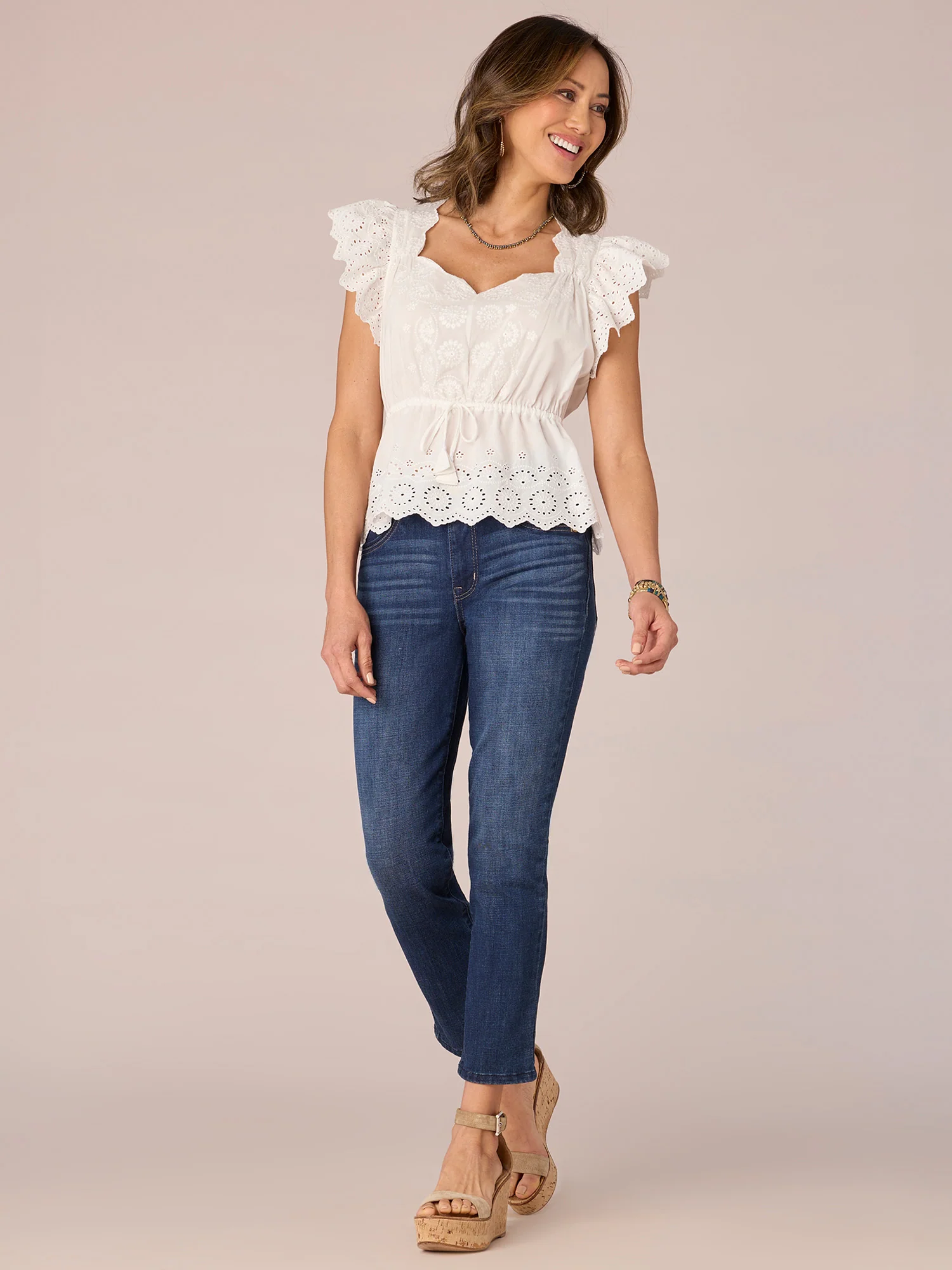 Short Flounce Sleeve V-Neck Embroidered Peplum Woven Top - Legahigh