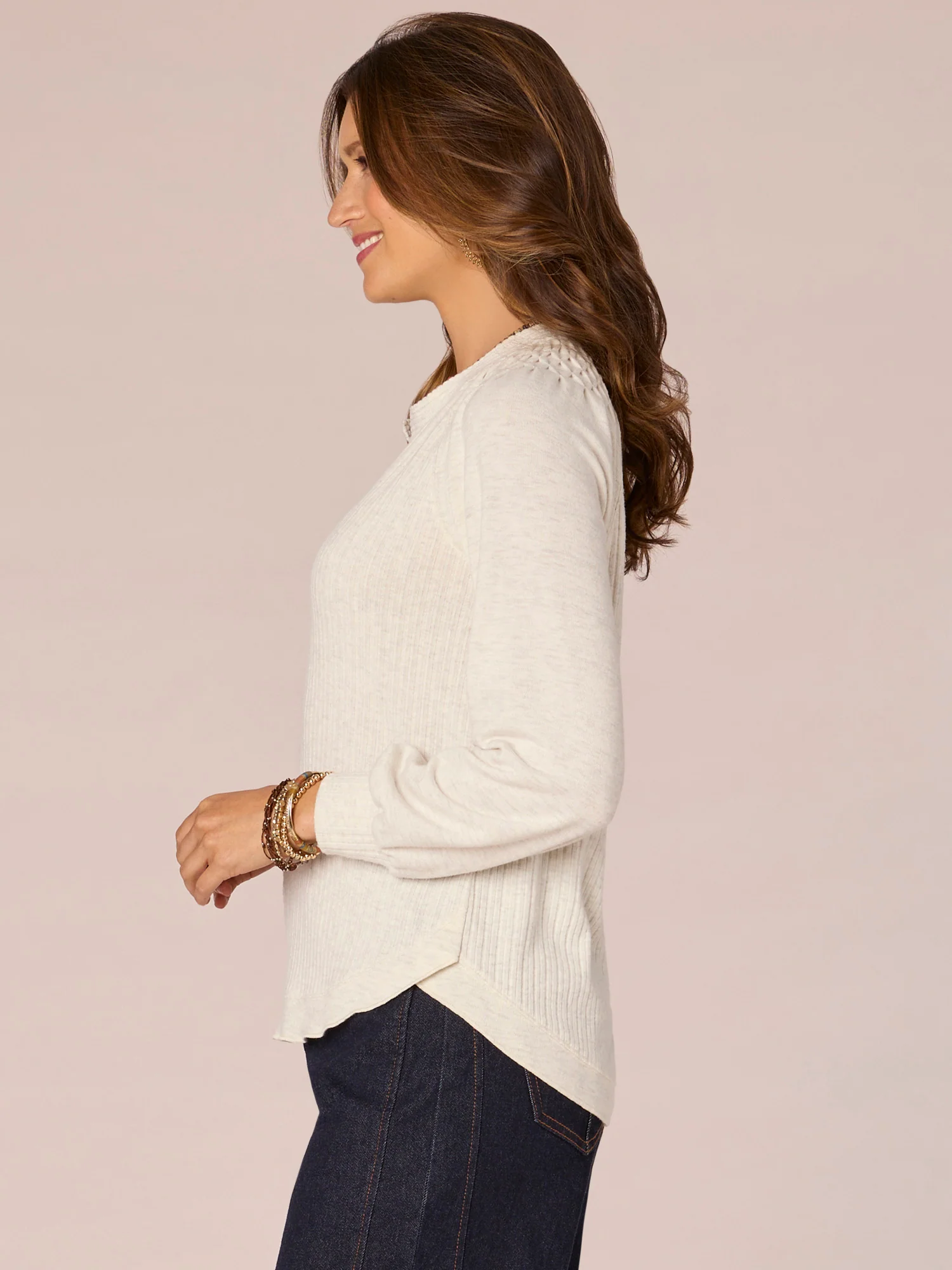 Long Smocked Blouson Sleeve Mandarin Collar Half Placket Knit Top - Legahigh