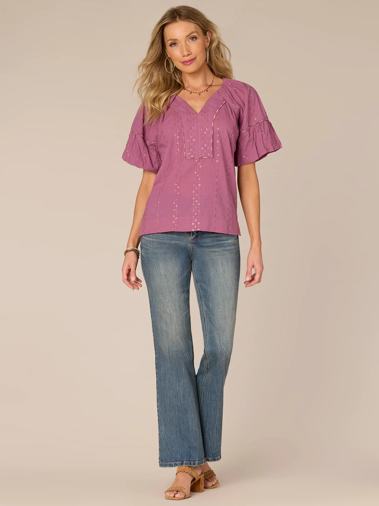 Short Bubble Sleeve Spliced V-Neck Embroidered Woven Top - Legahigh