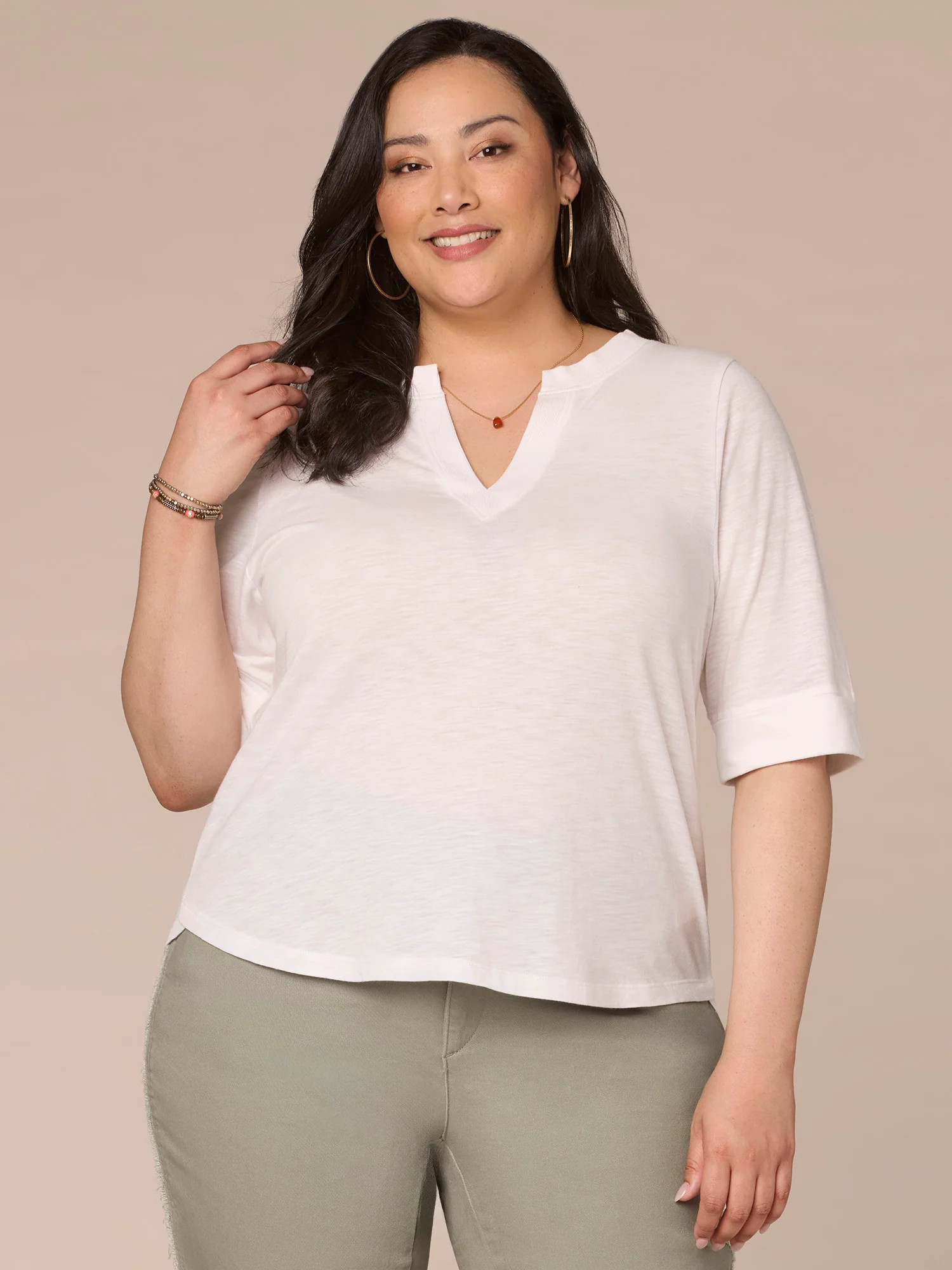 Roll Cuff Sleeve Round Split V-Neck Surplus Hem Plus Size Knit Top - Legahigh