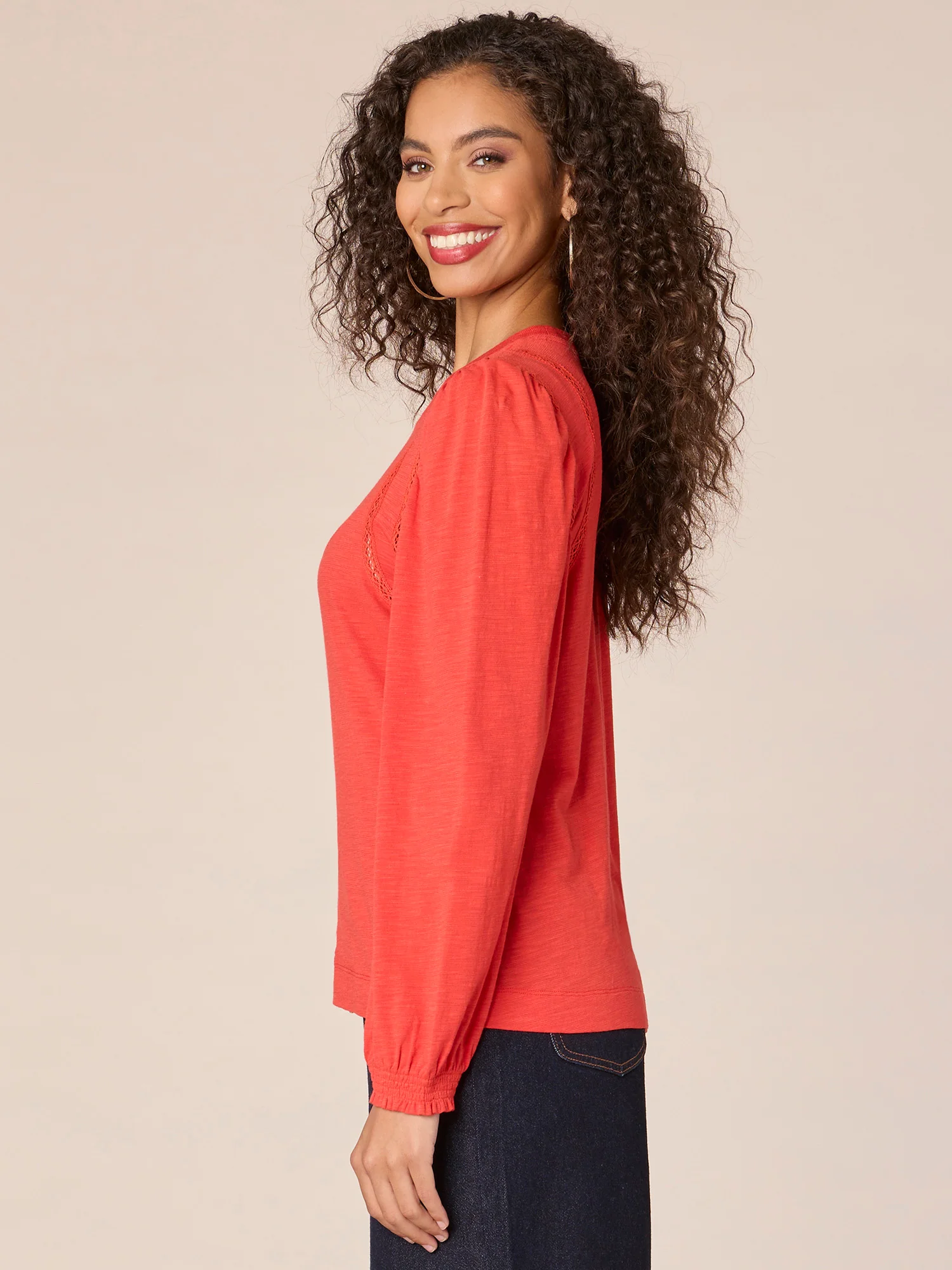 Long Puff Sleeve Crew Neck Crochet Linking Petite Knit Top with Center Seam - Legahigh