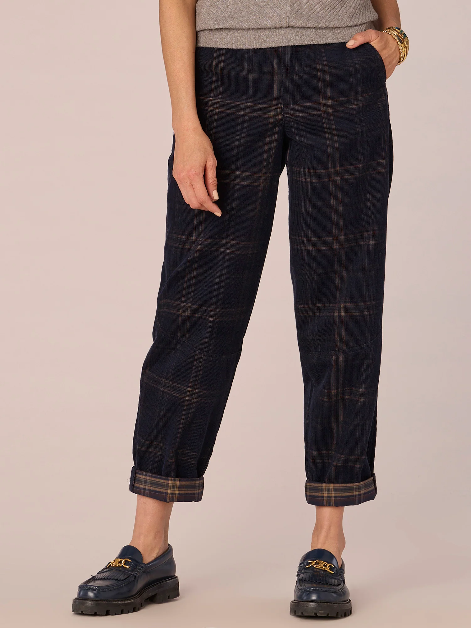 Skyrise Paper Bag Waist Roll Cuff Plaid Barrel Leg Pant - Legahigh