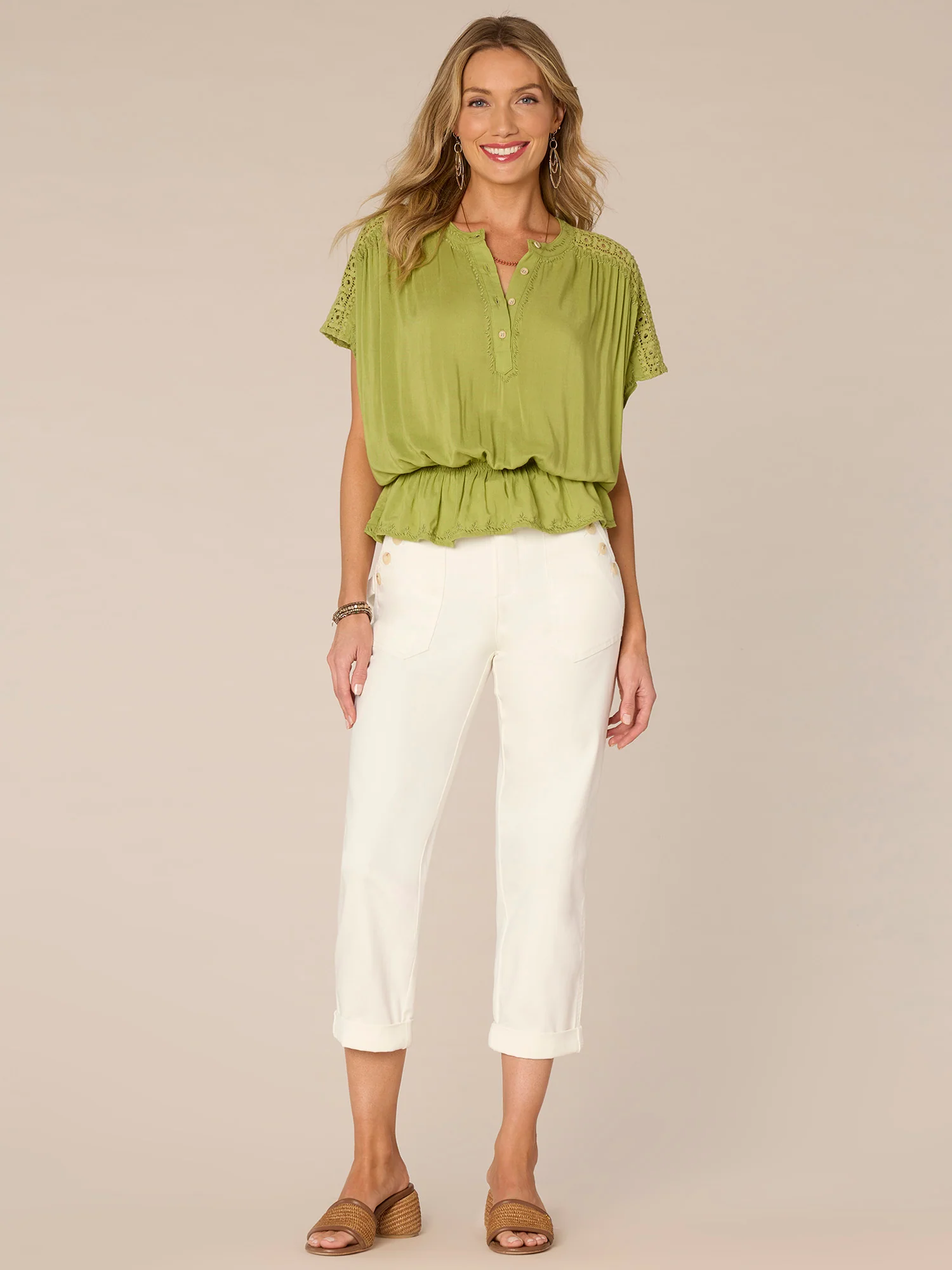 Short Sleeve Crochet Shoulder Stand Collar Peplum Hem Woven Top - Legahigh