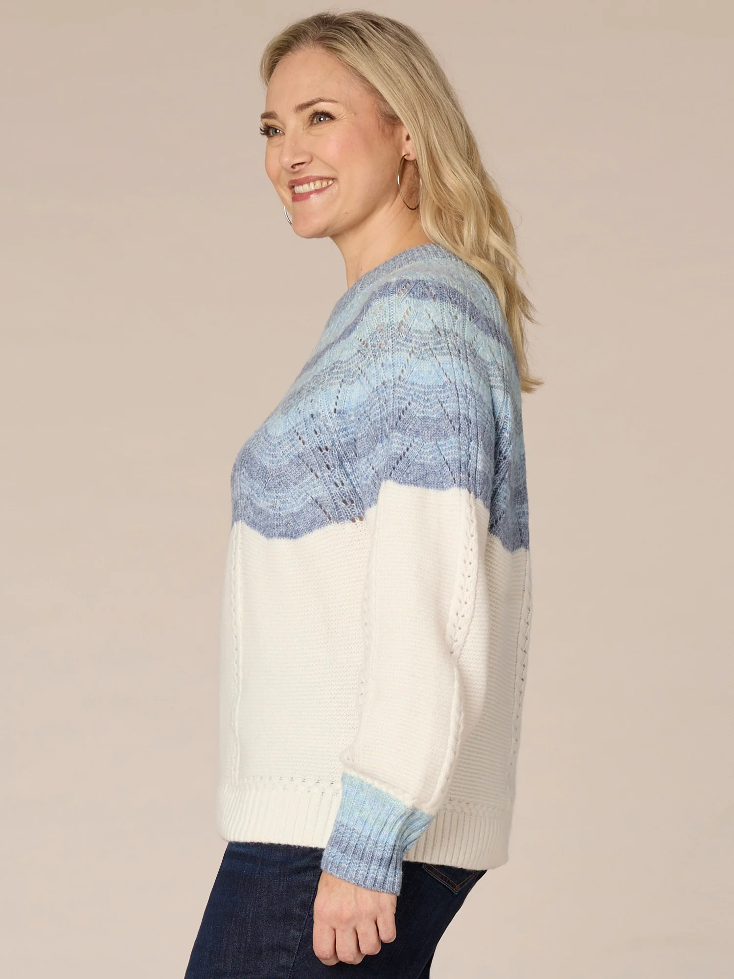 Blouson Sleeve Round Neck Ombre Placement Stitch Plus Size Sweater - Legahigh