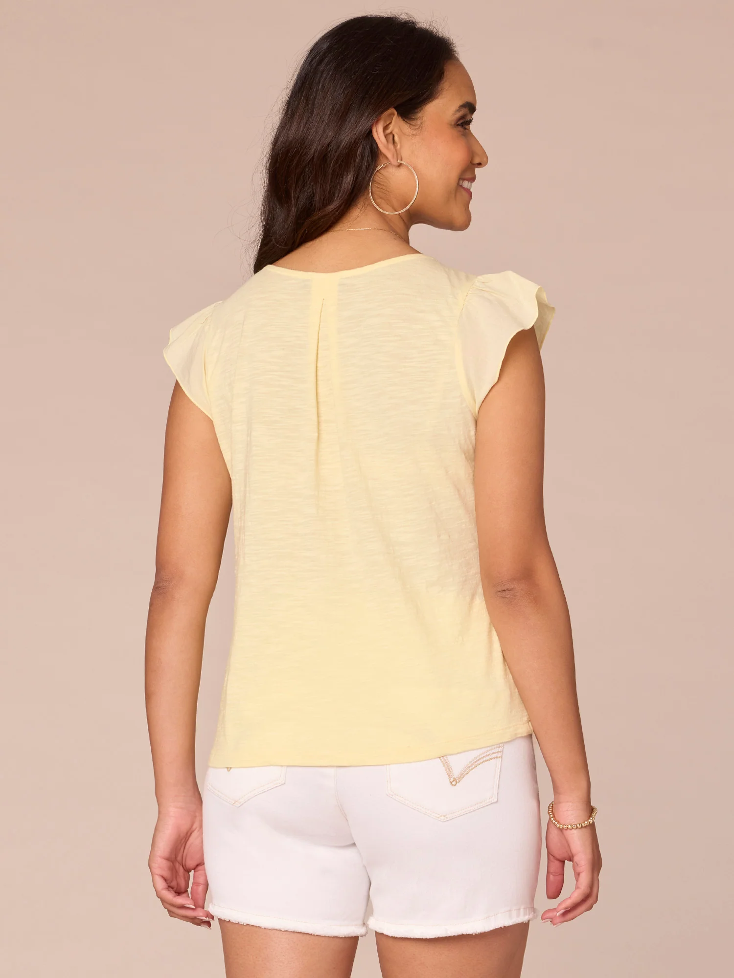 Flutter Sleeve V-Neck Embroidered Bodice Mixed Media Knit Top - Legahigh