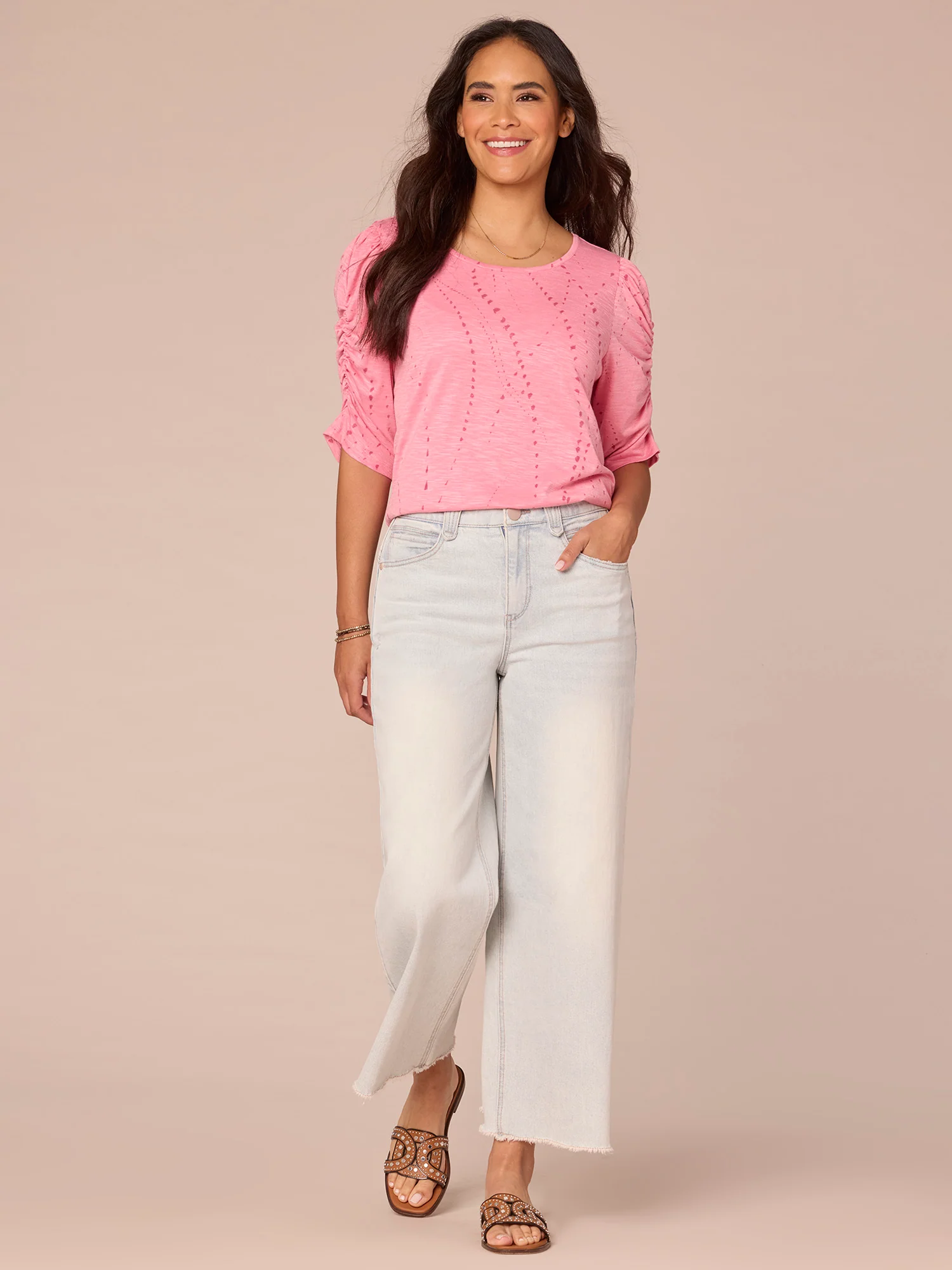 Ruched Elbow Sleeve Scoop Neck Dot Print Knit Top - Legahigh