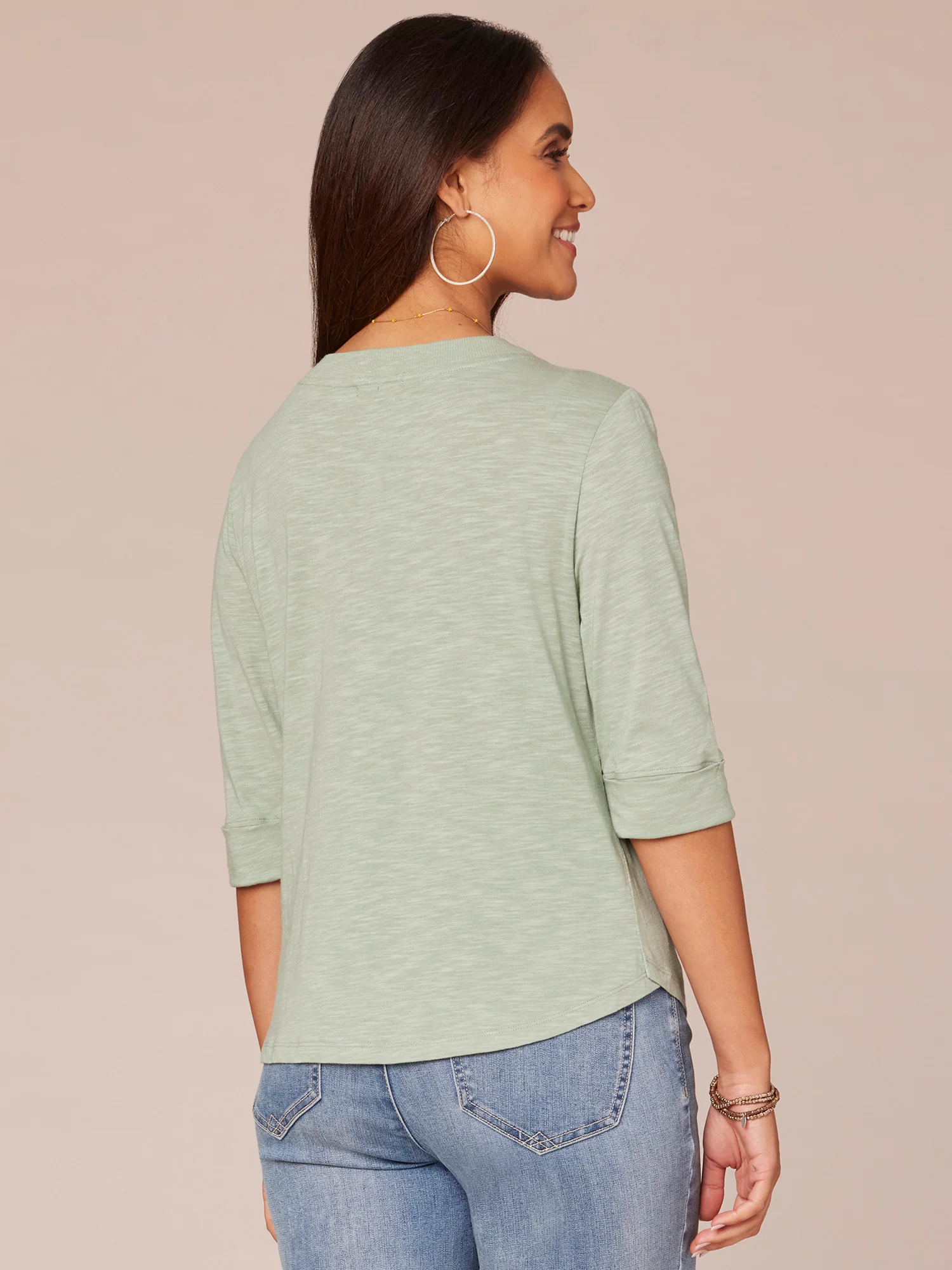 Elbow Roll Cuff Sleeve Split V-Neck Surplus Hem Knit Top - Legahigh