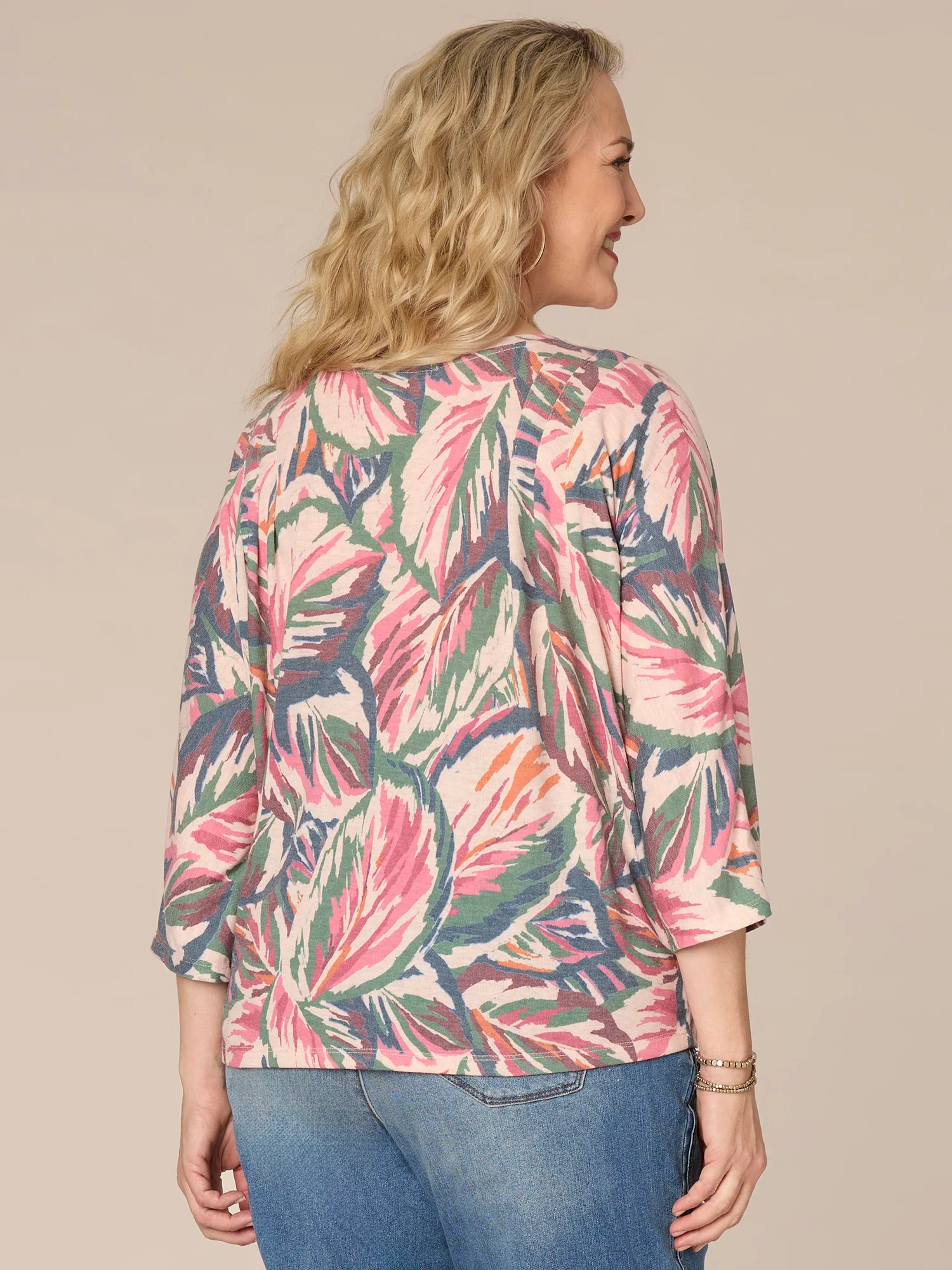 Dolman Sleeve Boatneck Knotted Hem Printed Plus Size Knit Top - Legahigh