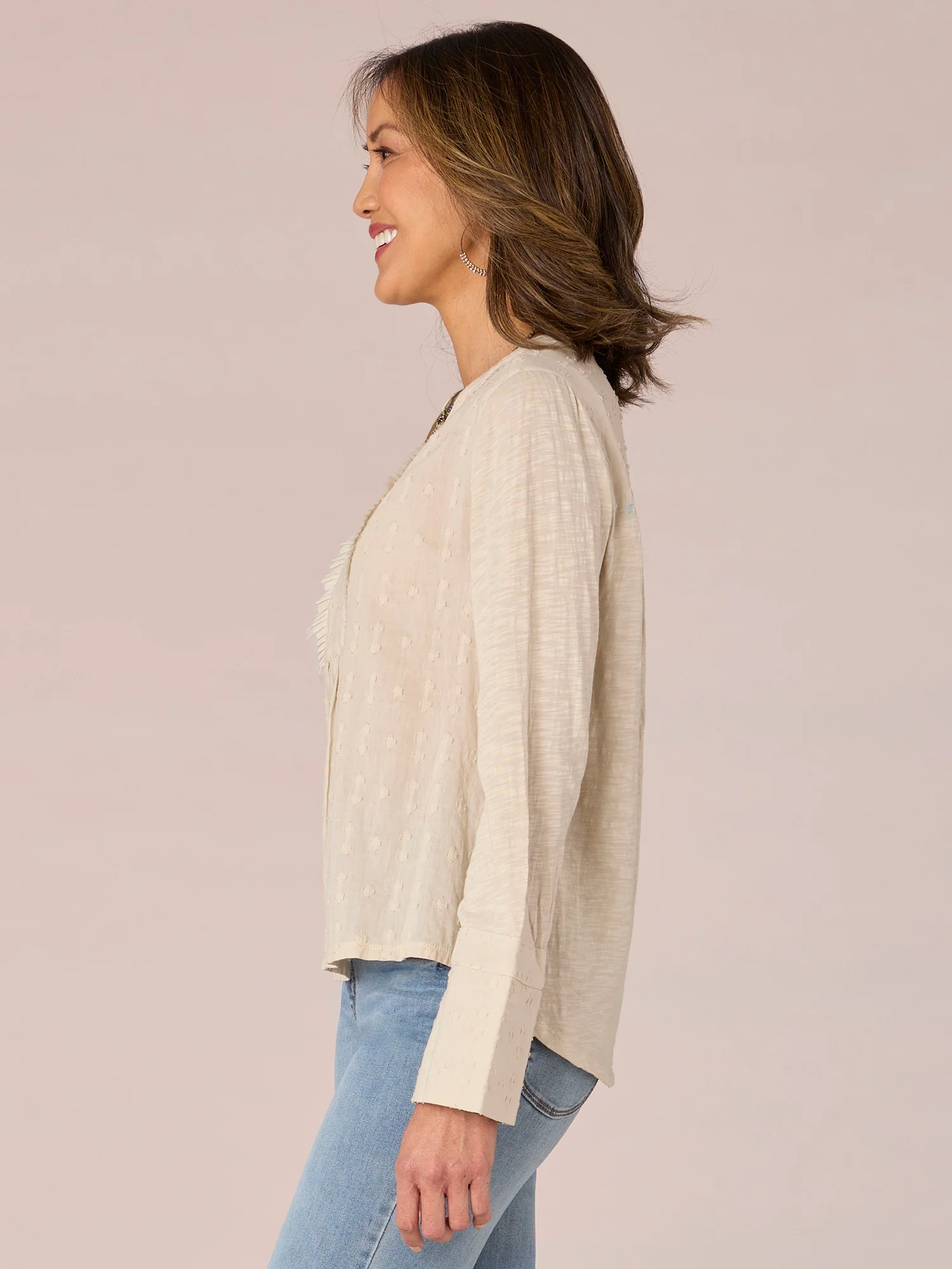 Long Sleeve Split V-Neck Pleat Edge Placket Embroidered Woven Top - Legahigh