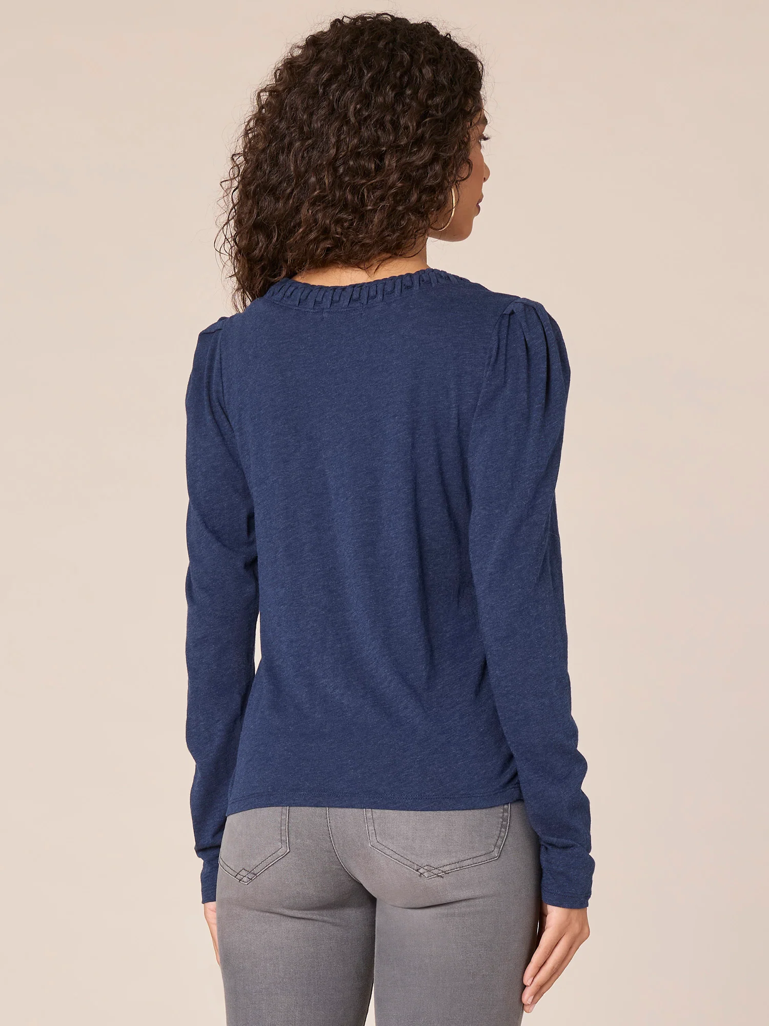 Long Sleeve Soutache Embroidered Crew Neck Knit Top with Ruching - Legahigh