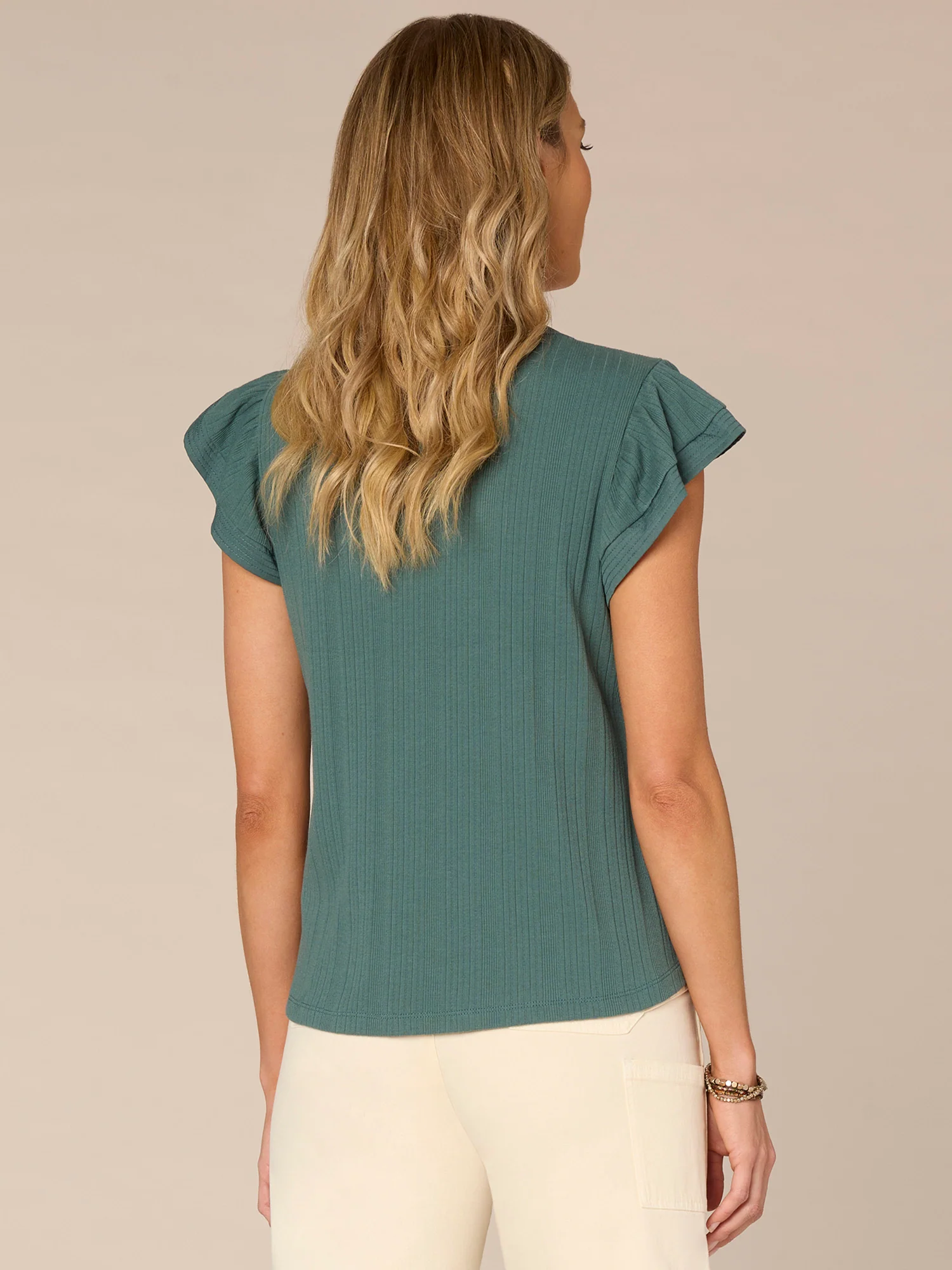 Flutter Cap Sleeve Split Neck Mixed Media Knit Top - Legahigh