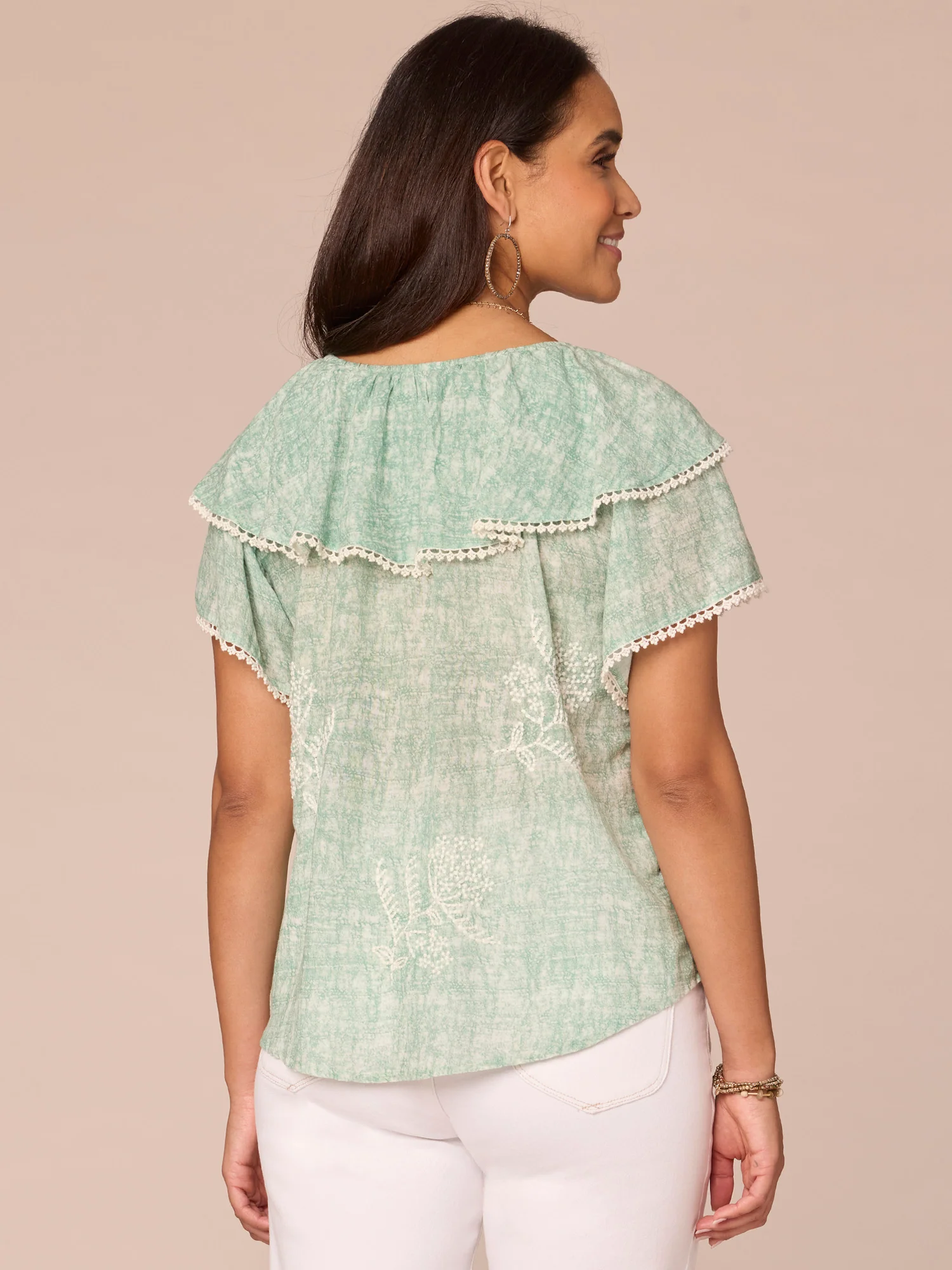 Double Layer Short Flounce Sleeve Round Neck Embroidered Woven Top - Legahigh