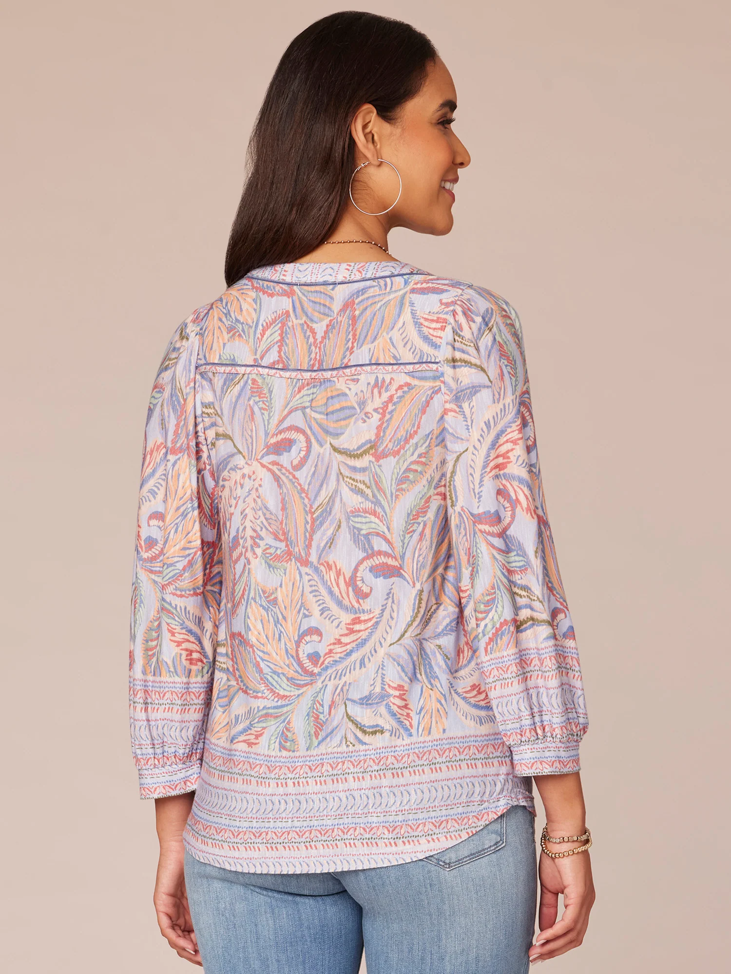 Blouson Sleeve Round Split Neck Half Placket Printed Petite Knit Top - Legahigh