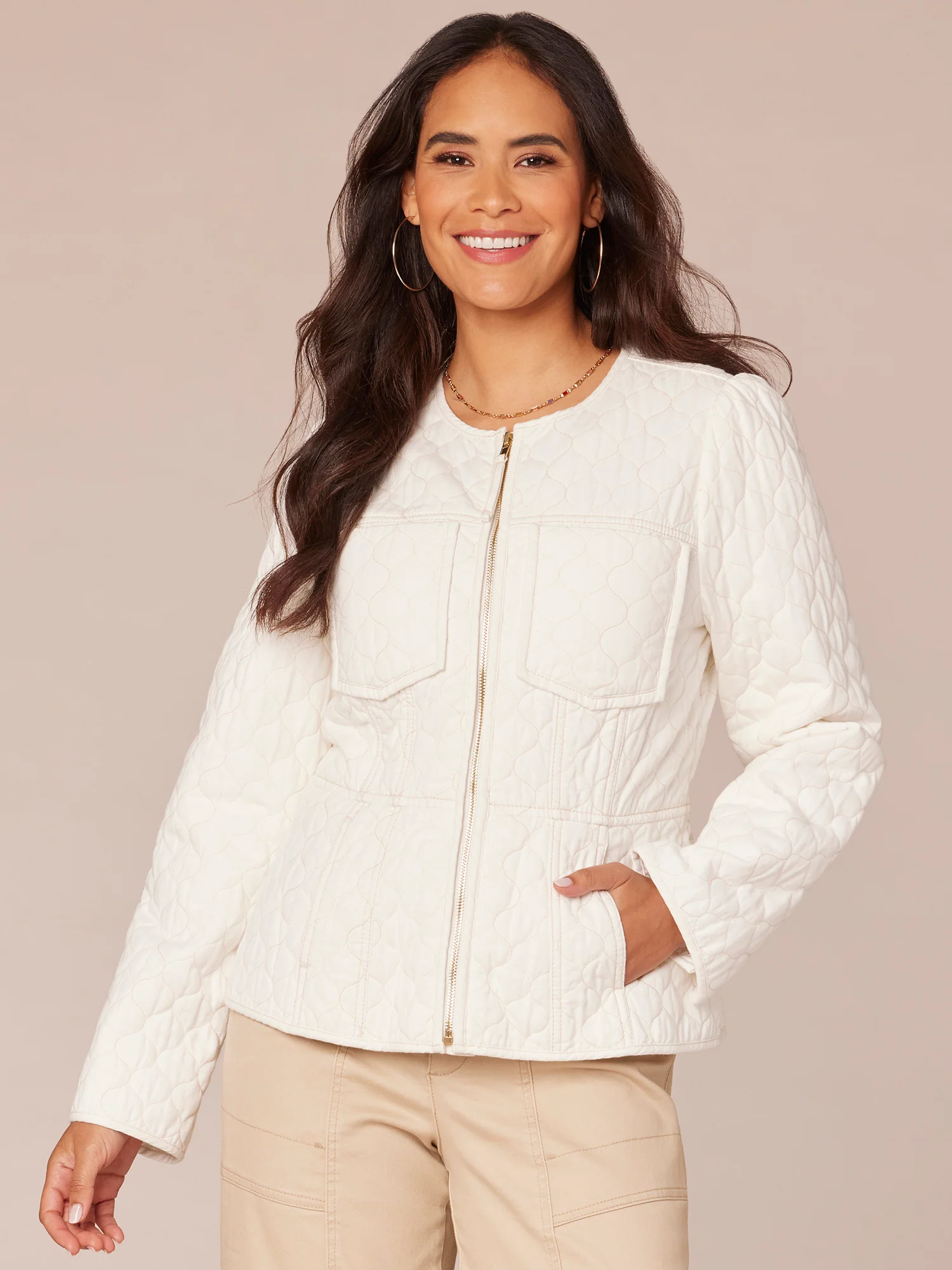 Long Sleeve Zip Front Quilted Peplum Jacket with Piped Edges - Legahigh