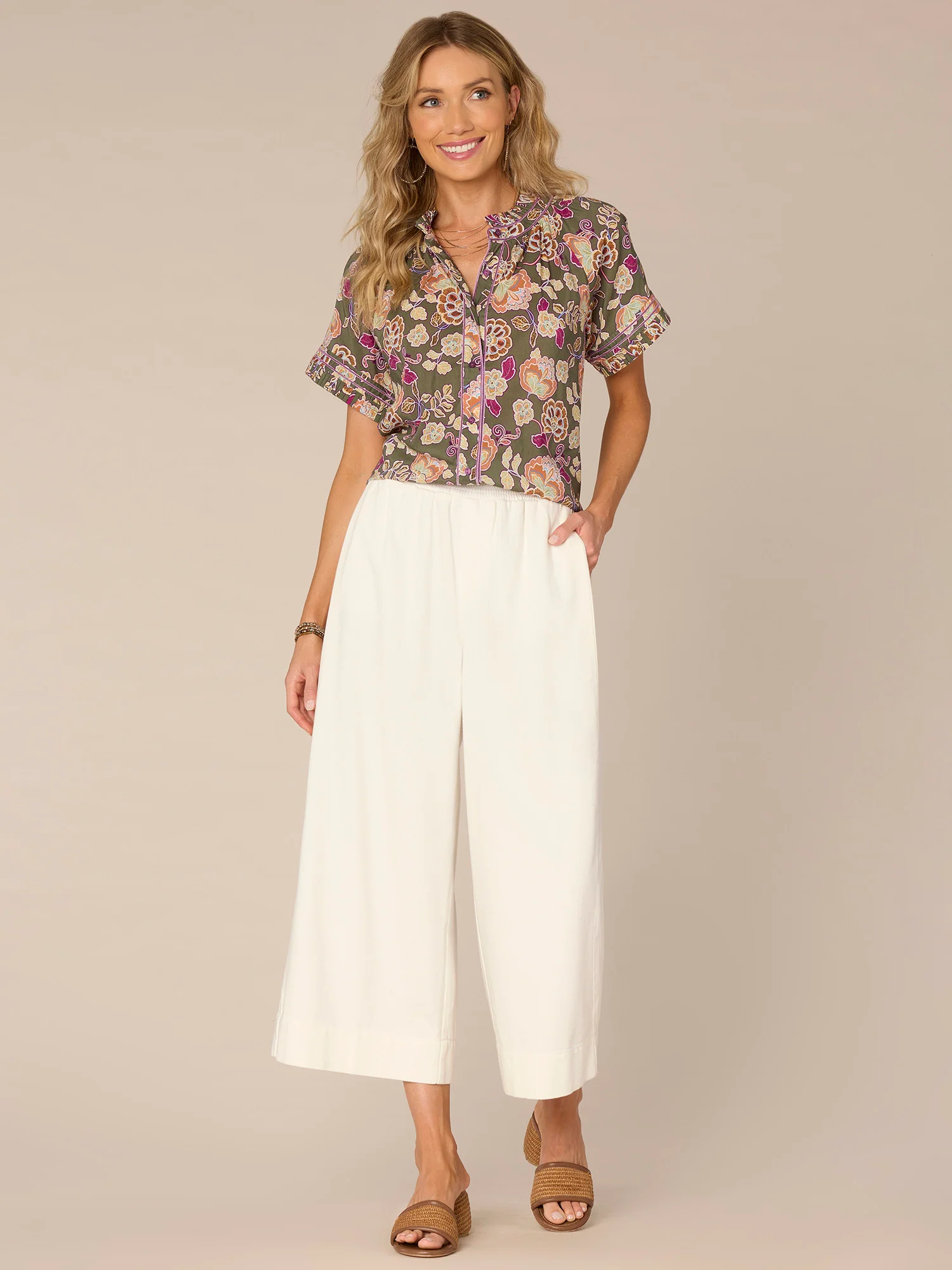 Short Sleeve Pleated Collar Button Front Printed Woven Top - Legahigh