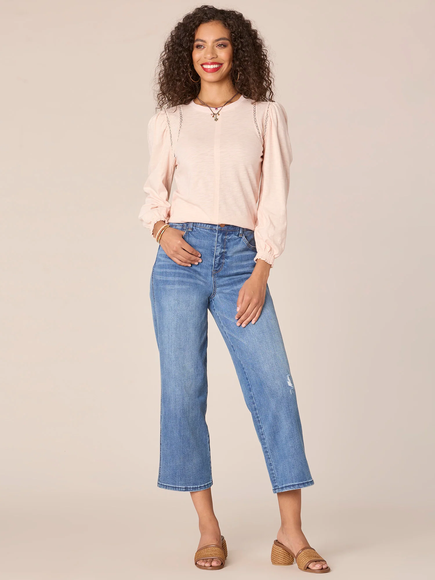 Long Puff Ruffle Sleeve Crew Neck Ladder Crochet Knit Top - Legahigh