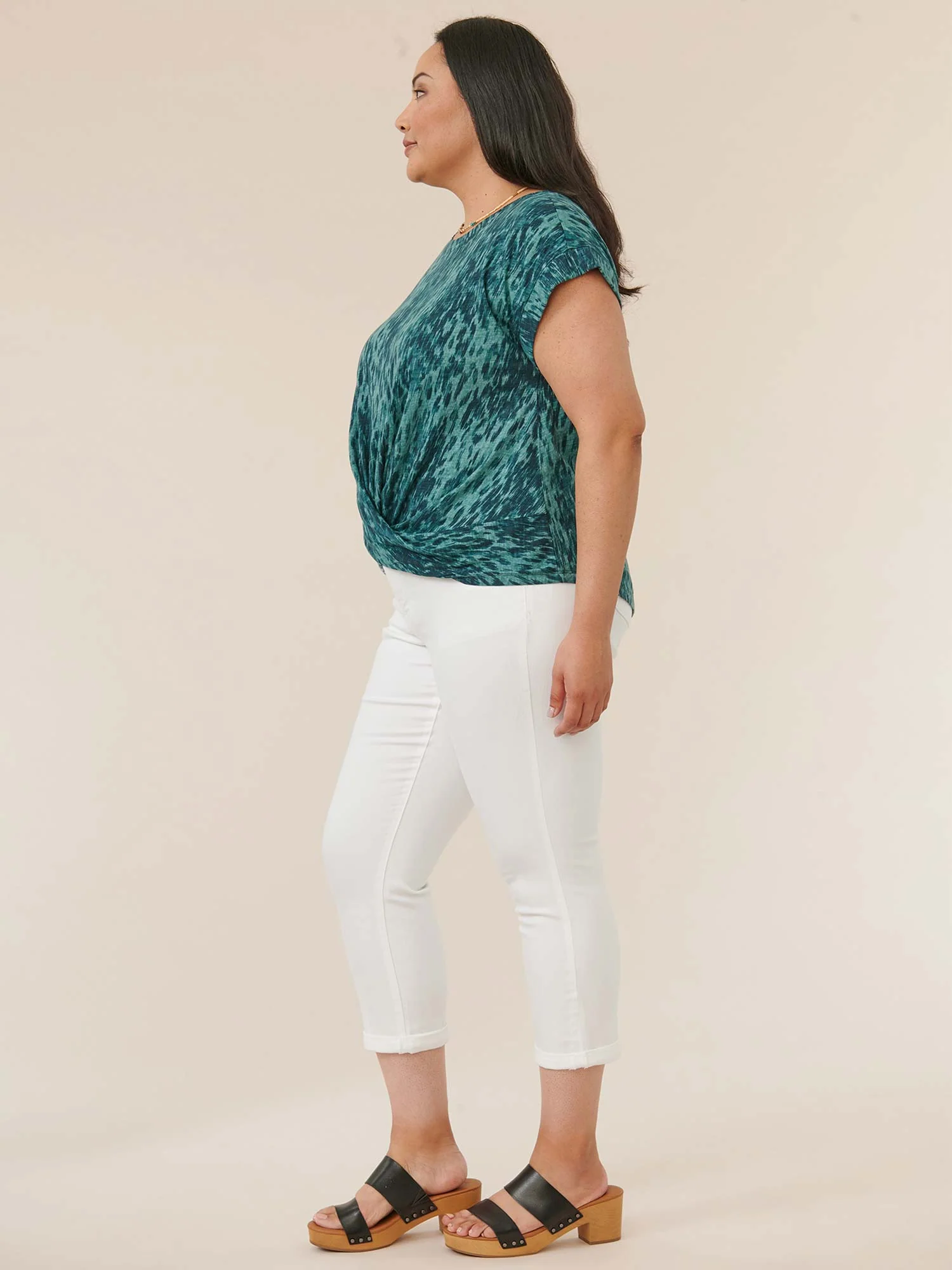 Roll Cuff Sleeve Scoop Neck Twist Hem Tie-Dye Plus Size Knit Top - Legahigh