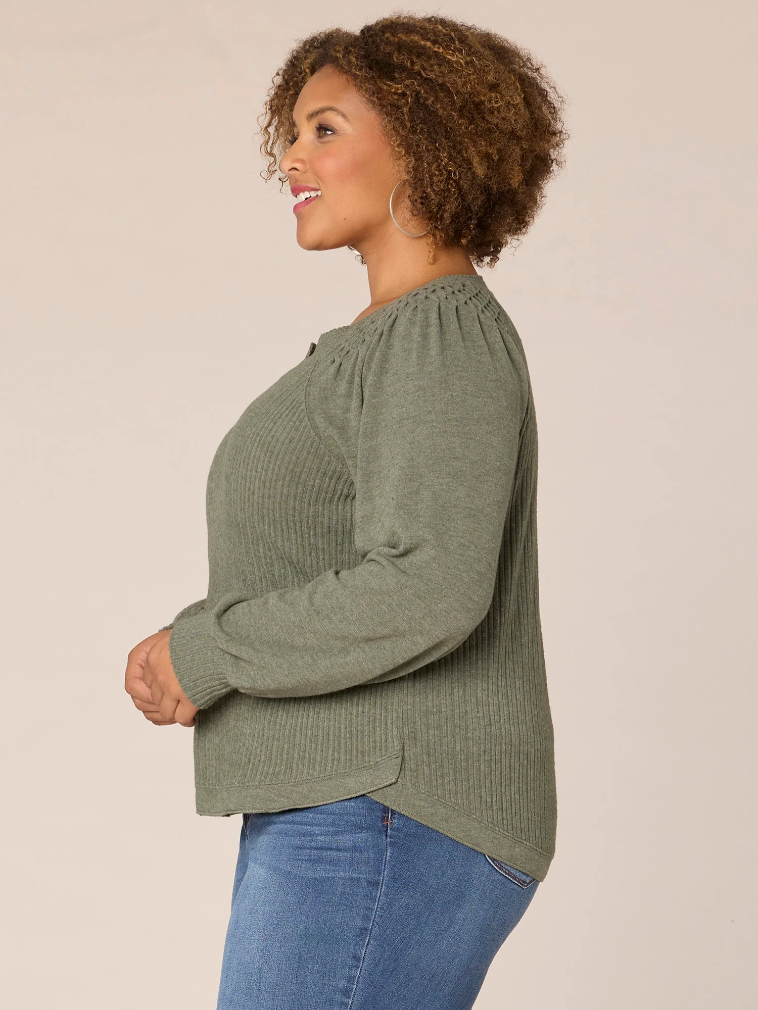 Long Smocked Sleeve Mandarin Collar Half Placket Plus Size Knit Top - Legahigh