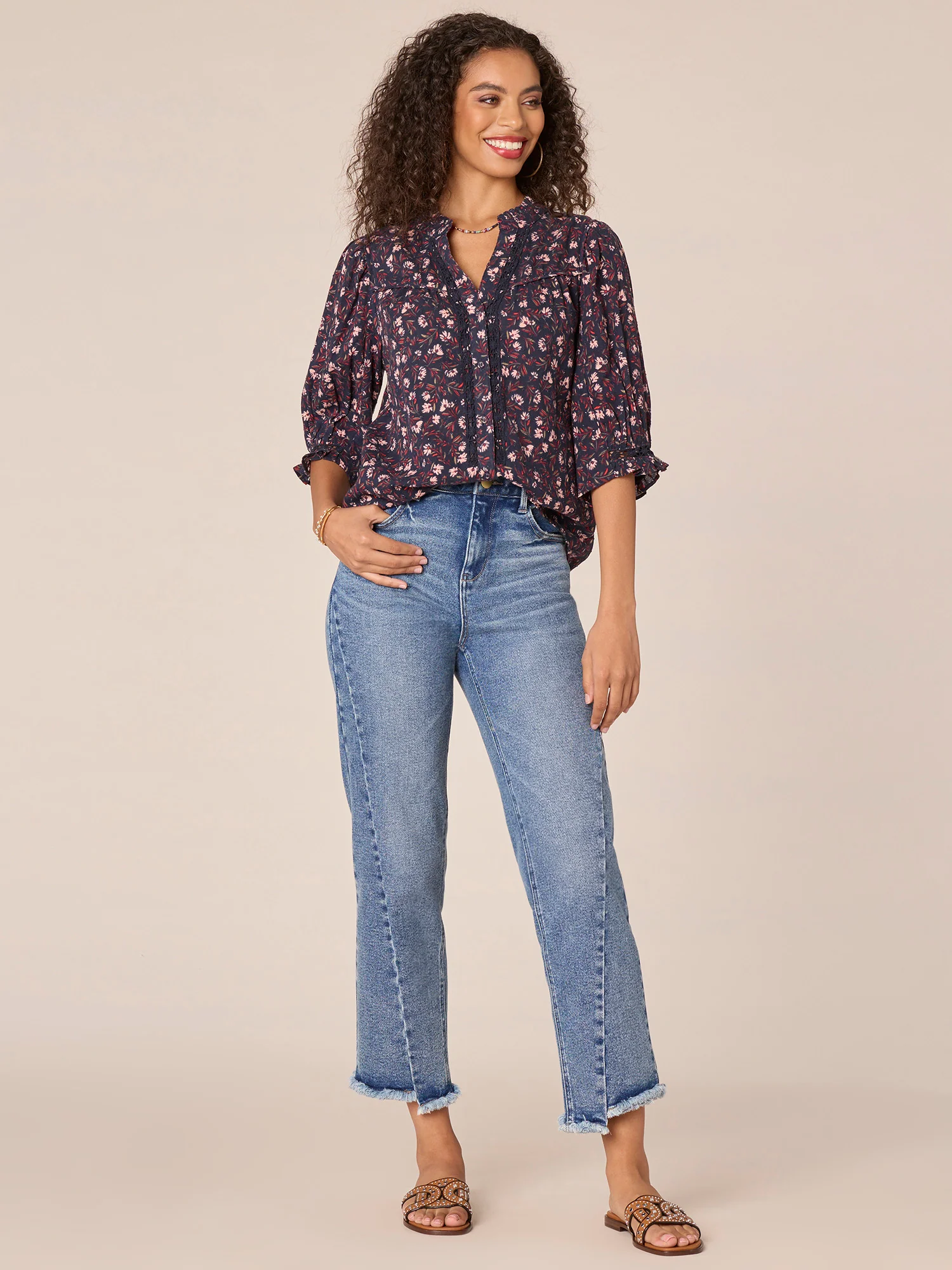 Lantern Sleeve V-Neck Crochet Inset Floral Print Petite Woven Top - Legahigh