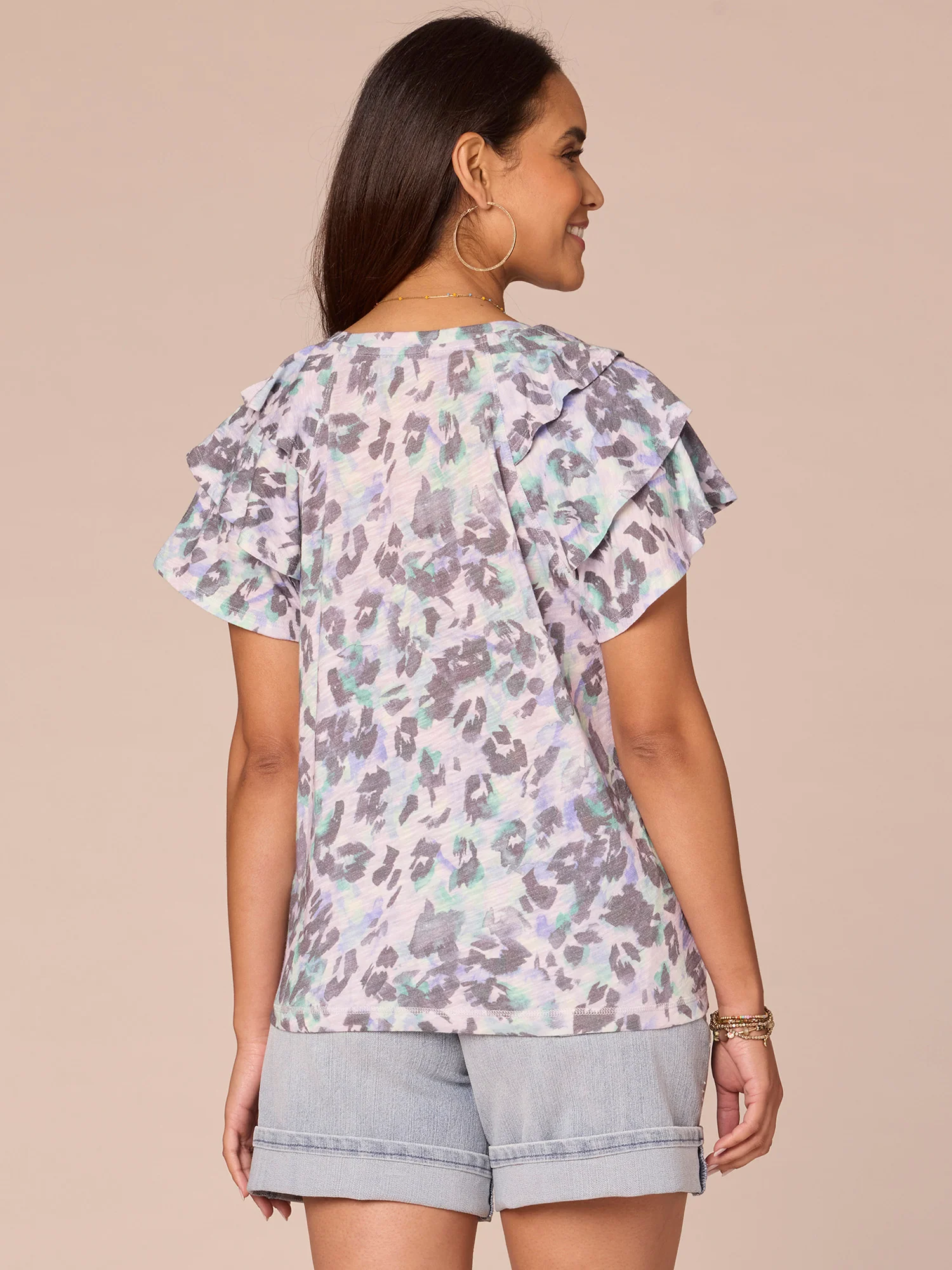 Short Three Tiered Bell Sleeve V-Neck Printed Knit Top - Legahigh