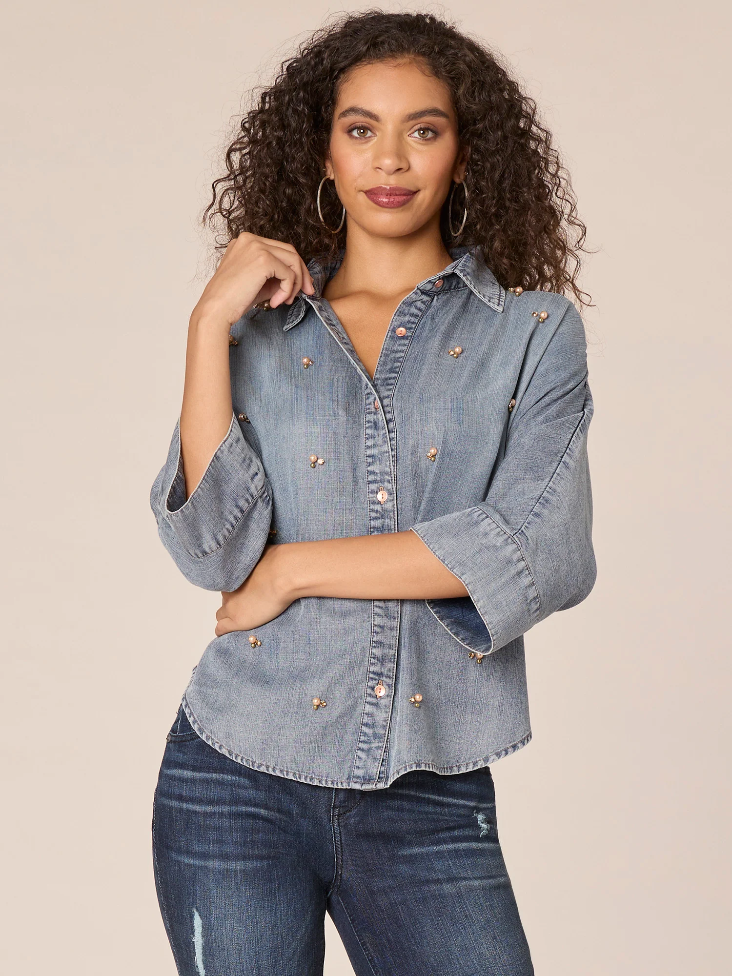 Three Quarter Sleeve Button Down Front Embellished Petite Knit Top - Legahigh