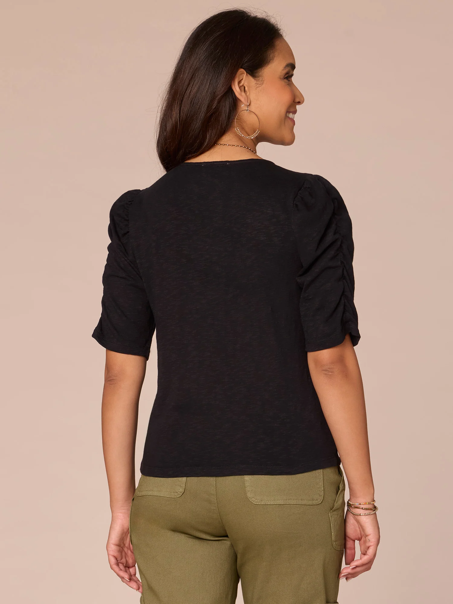 Elbow Shirred Puff Sleeve V-Neck Ruched Front Knit Top - Legahigh
