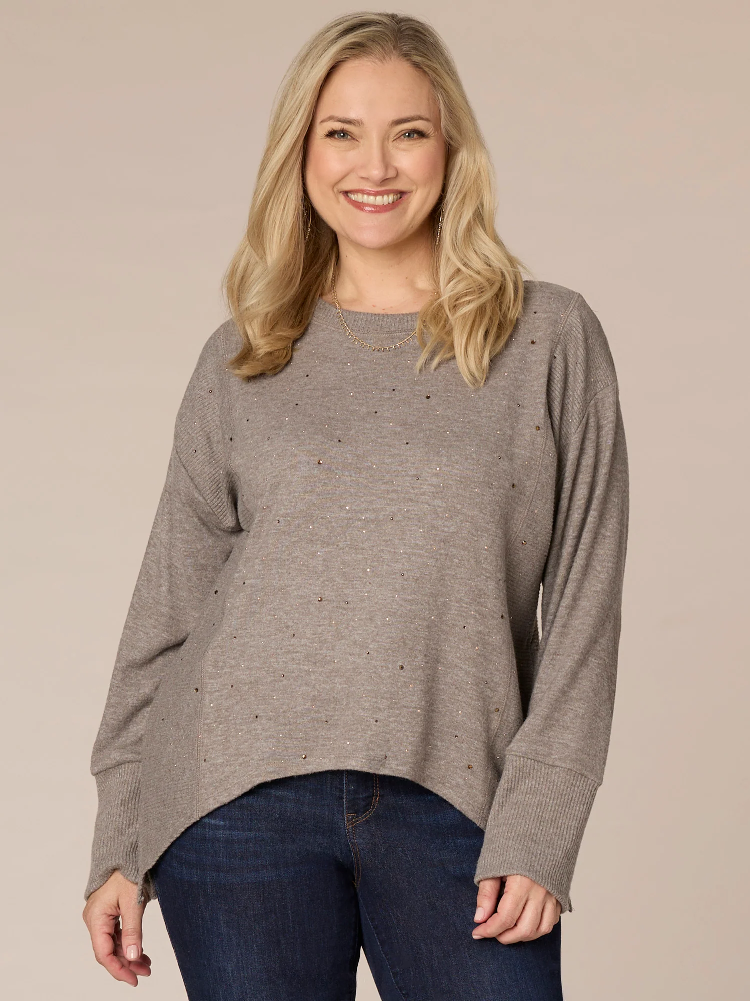 Long Sleeve Scoop Neck Mixed Media Plus Size Knit Top with Rhinestones - Legahigh