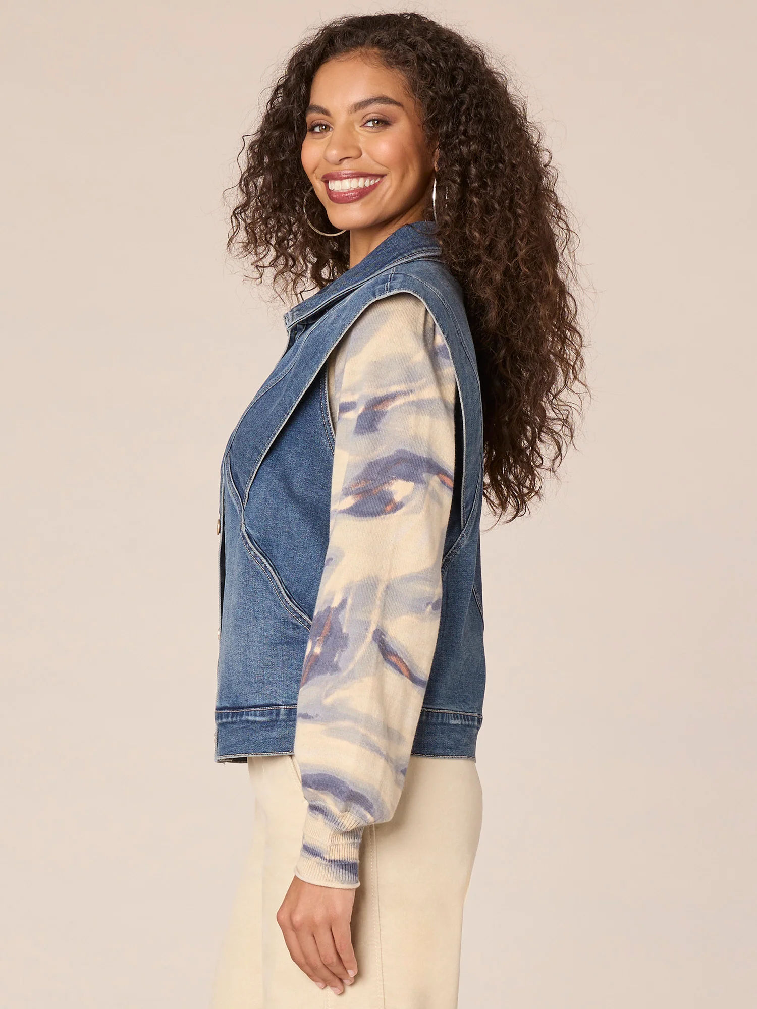 Flange Shoulder Button Front Denim Vest with Hidden Seam Pockets - Legahigh