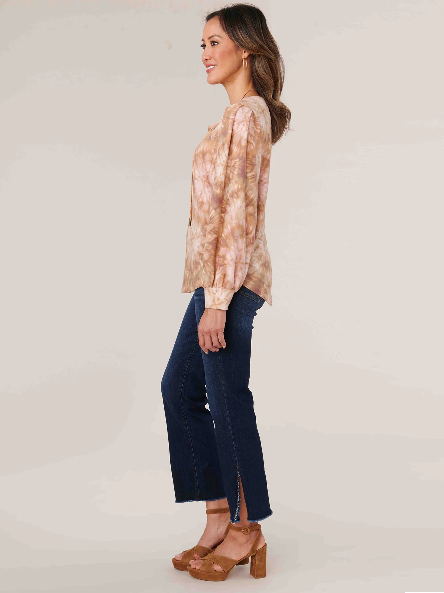 Long Blouson Sleeve Lace Up Scoop Neck Printed Knit Top - Legahigh