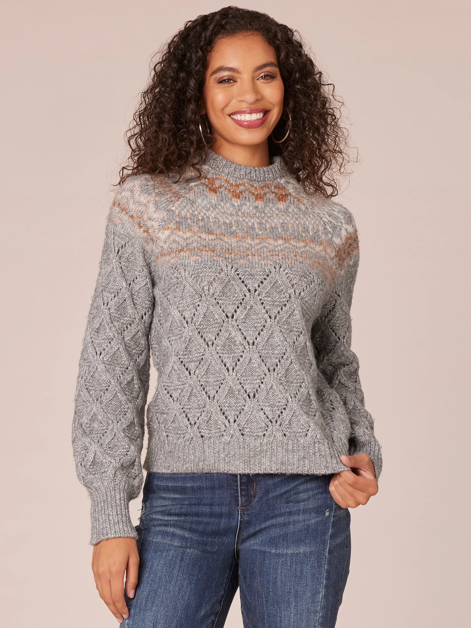 Long Sleeve Round Neck Fair Isle Yoke Pointelle Mix Sweater - Legahigh