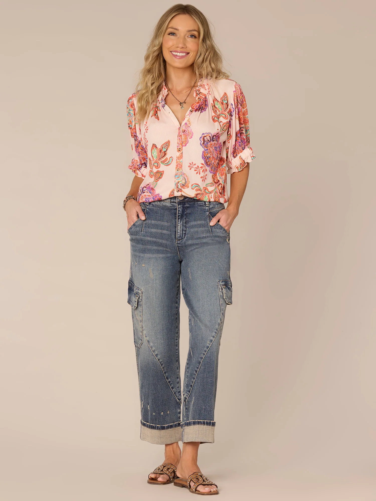 Elbow Puff Sleeve Split Neck Button Down Printed Petite Woven Top - Legahigh