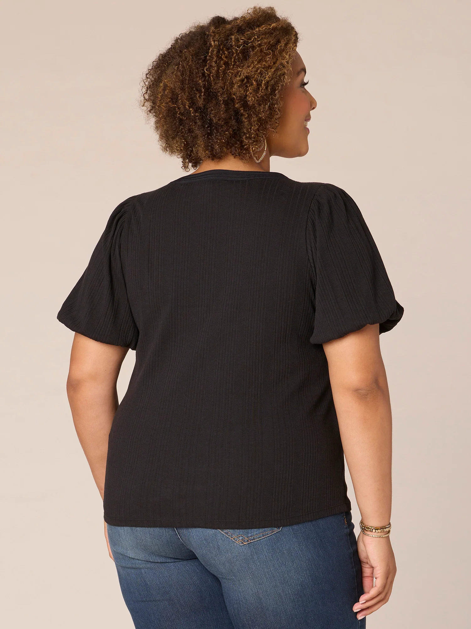 Short Blouson Bubble Sleeve Scoop Neck Ringer Plus Size Knit Top - Legahigh