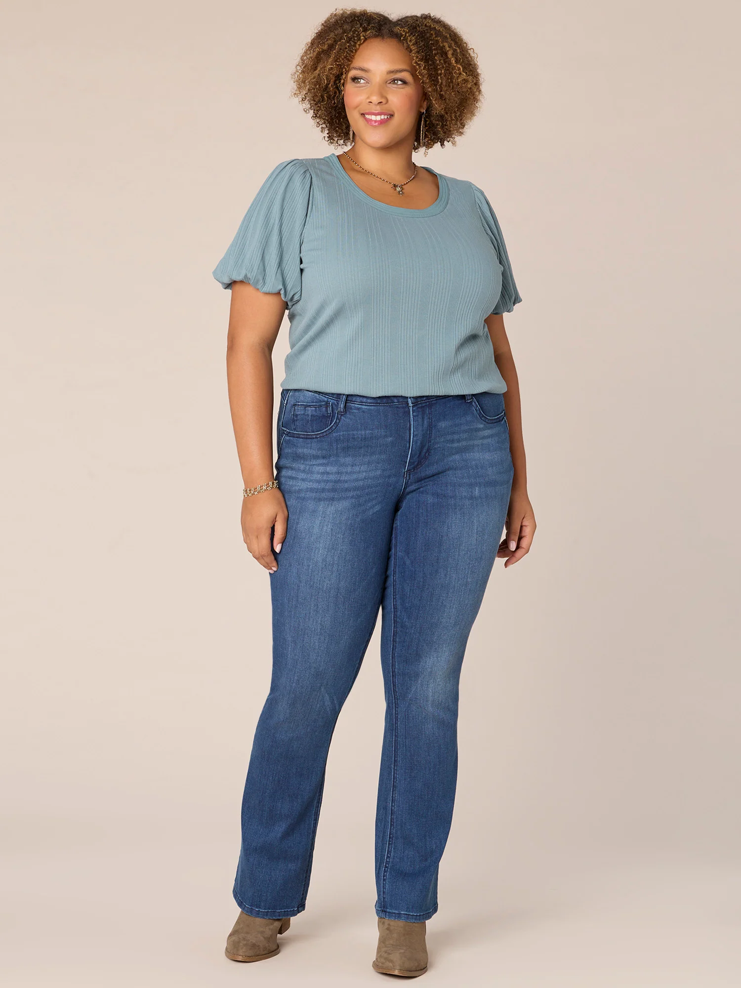 Short Blouson Bubble Sleeve Scoop Neck Ringer Plus Size Knit Top - Legahigh