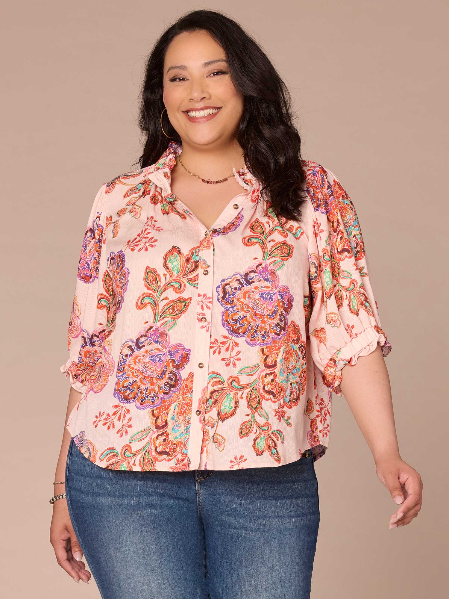 Elbow Length Ruffle Edge Neck Button Down Printed Plus Size Woven Top - Legahigh