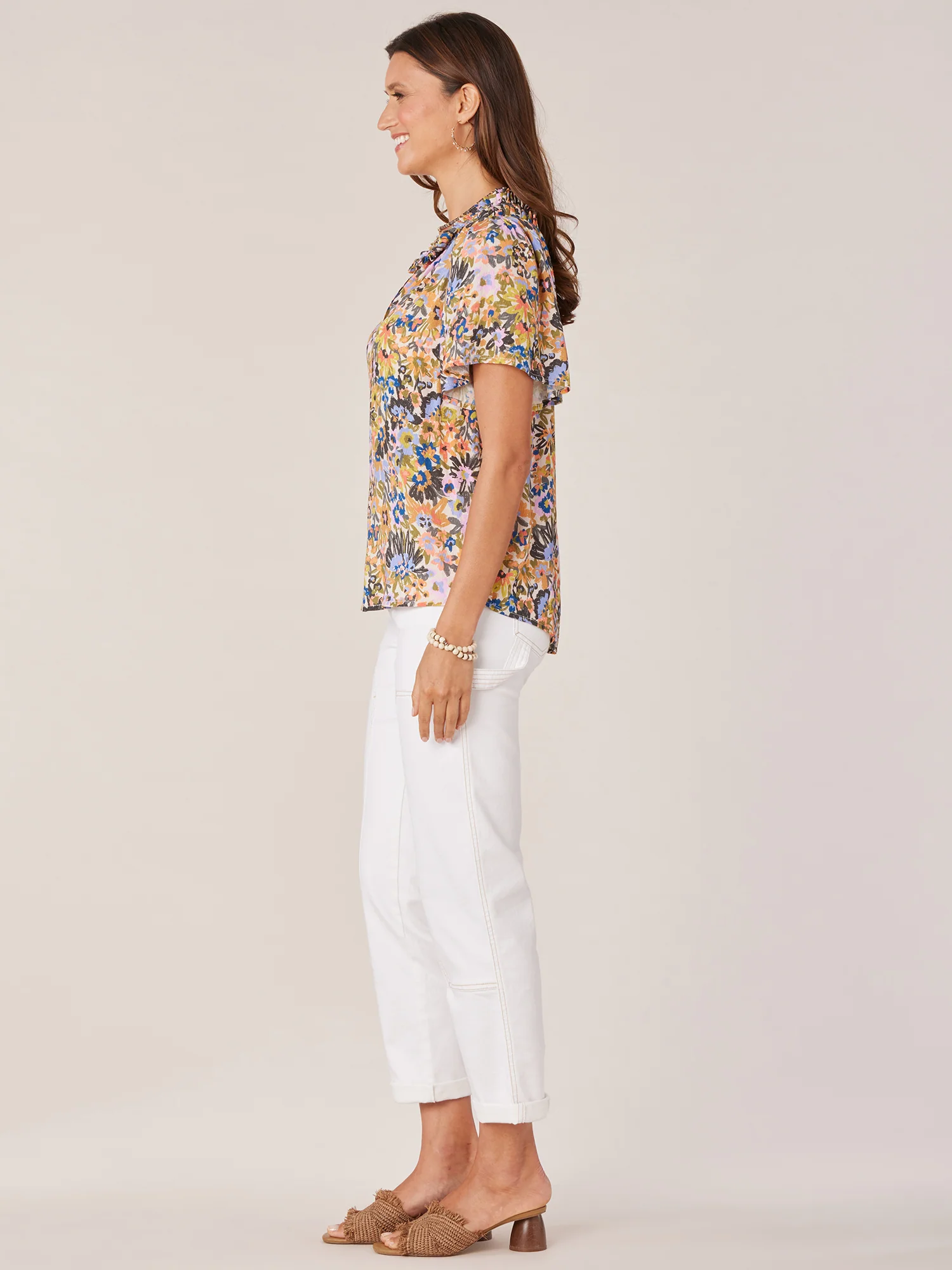 Petite Bell Sleeve V-Neck Half Button Front Floral Print Woven Top - Legahigh