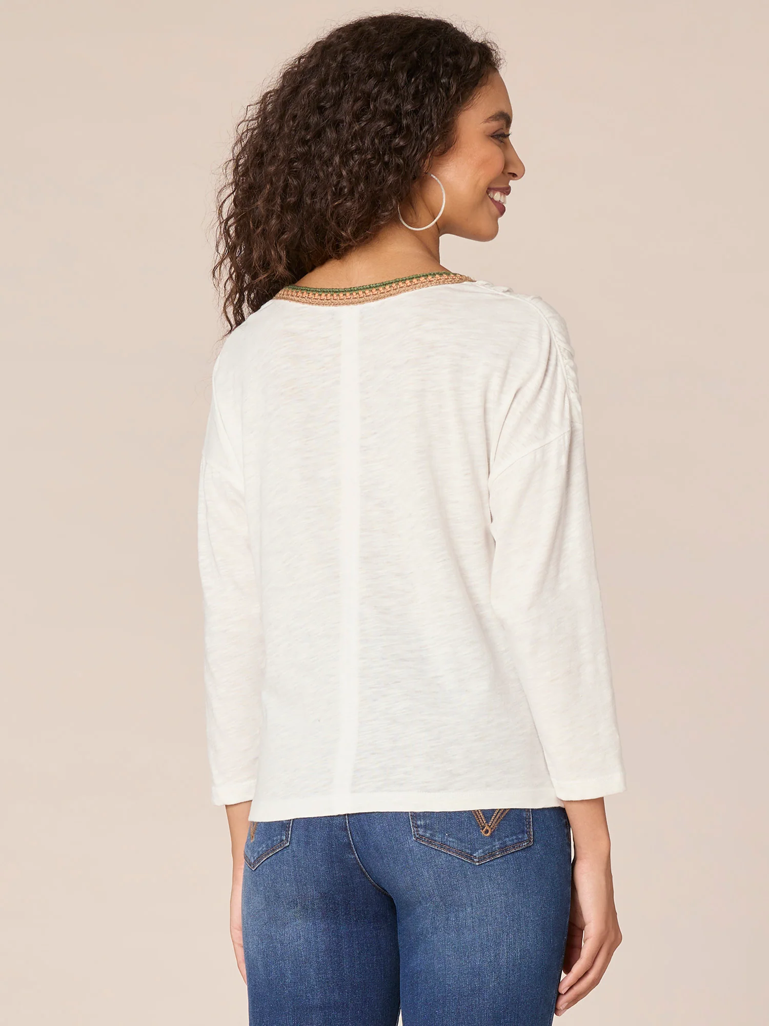 Three Quarter Sleeve Crochet Scoop Neck Knot Hem Ringer Knit Top - Legahigh