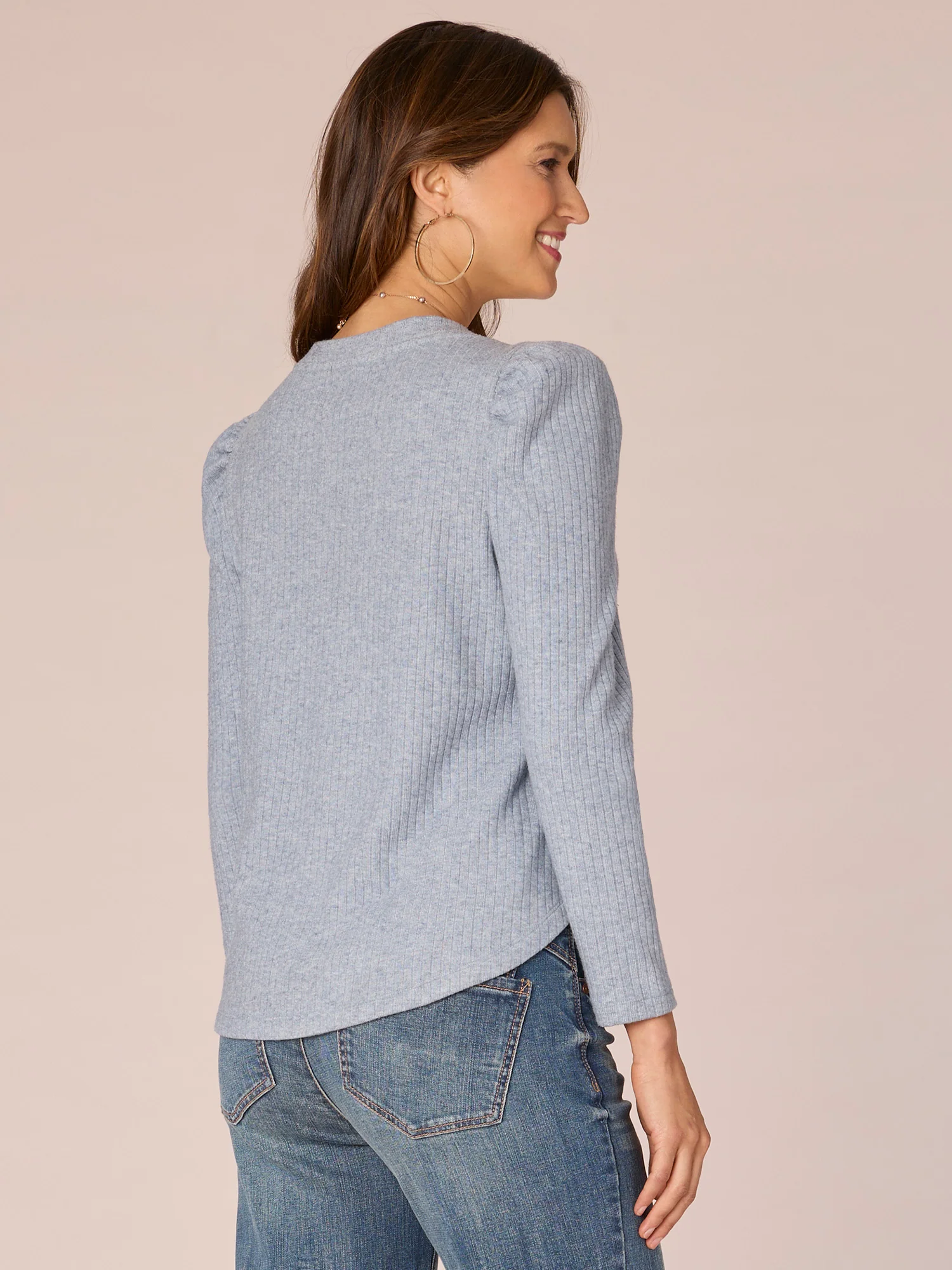 Long Puff Sleeve V-Neck Shirttail Hem Knit Top - Legahigh