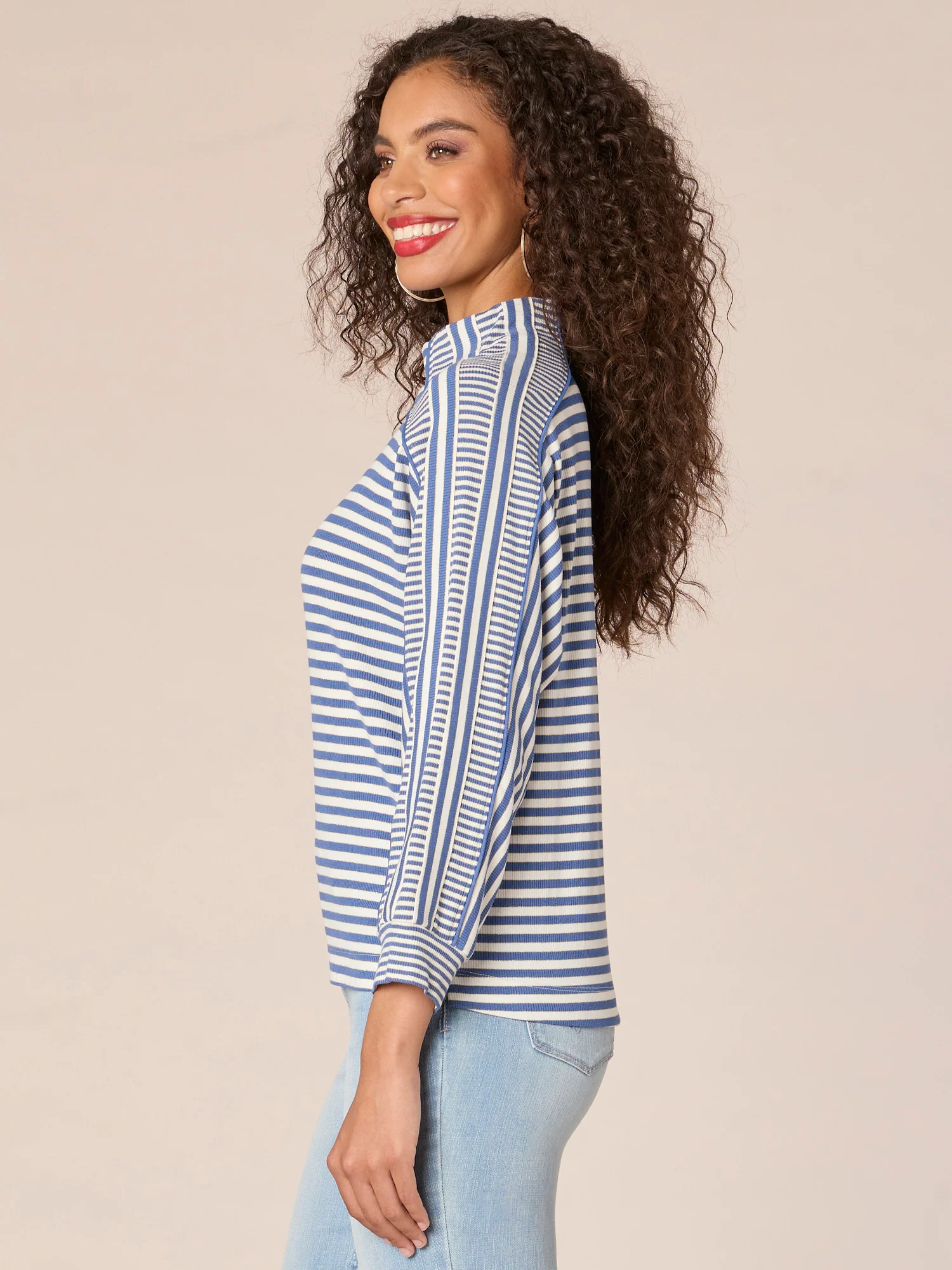 Three Quarter Dolman Sleeve Mock Neck Stripe Blocked Print Knit Top - Legahigh