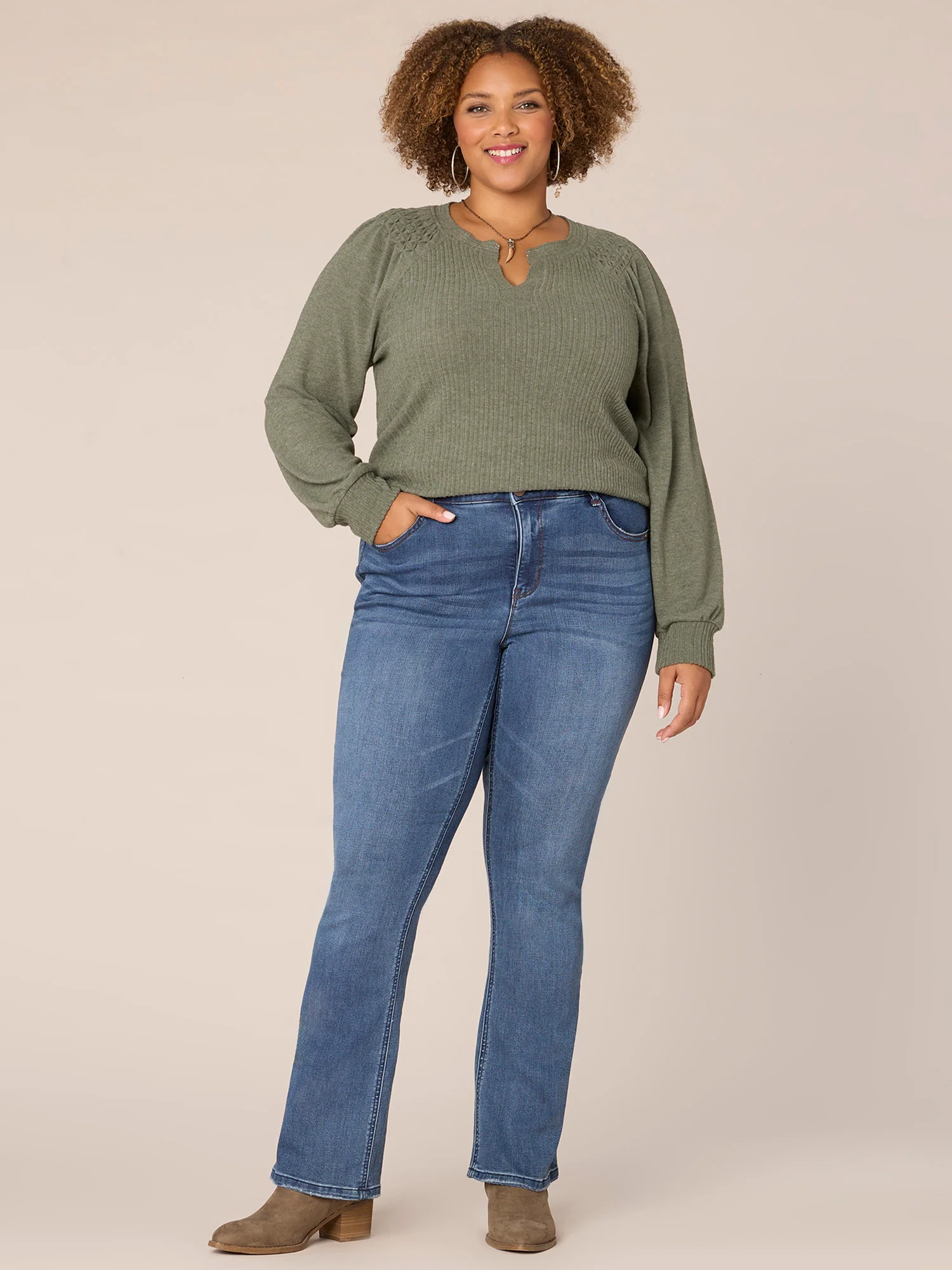 Long Smocked Sleeve Mandarin Collar Half Placket Plus Size Knit Top - Legahigh