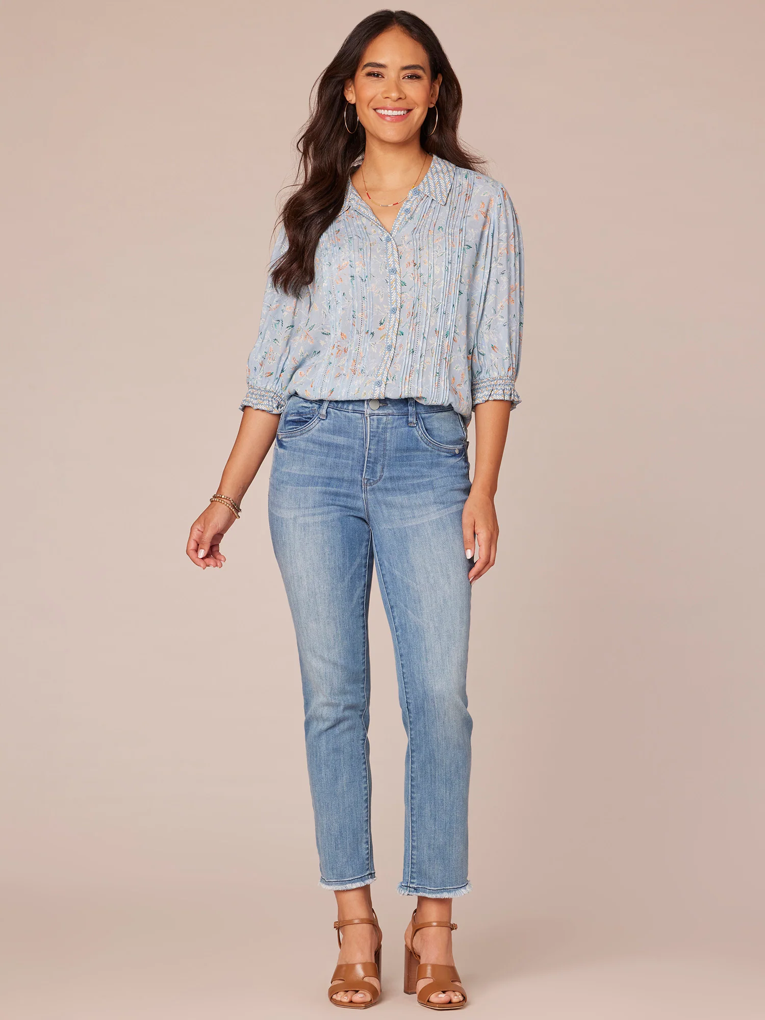 Elbow Sleeve Pintuck Picot Button Front Placement Print Woven Shirt - Legahigh