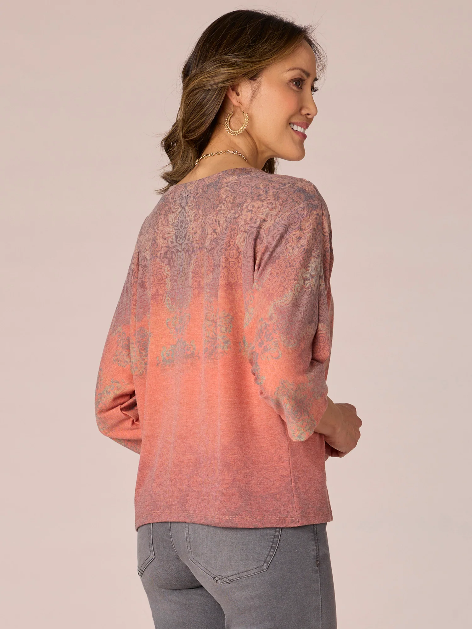 Dolman Sleeve Pleated Shoulder Scoop Neck Ombre Print Petite Knit Top - Legahigh