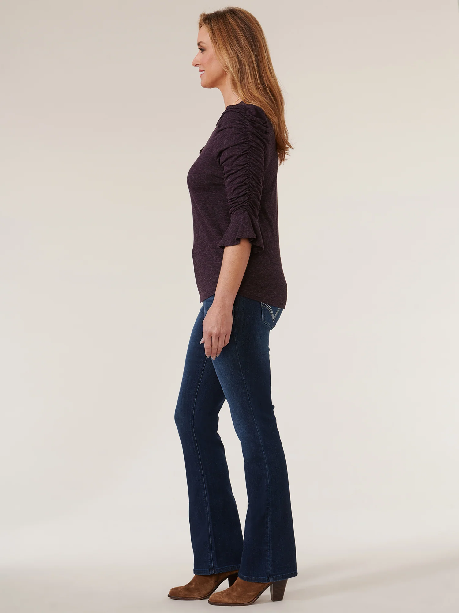 3/4 Ruched Flounce Sleeve V Neck Shirtail Hem Knit Top - Legahigh