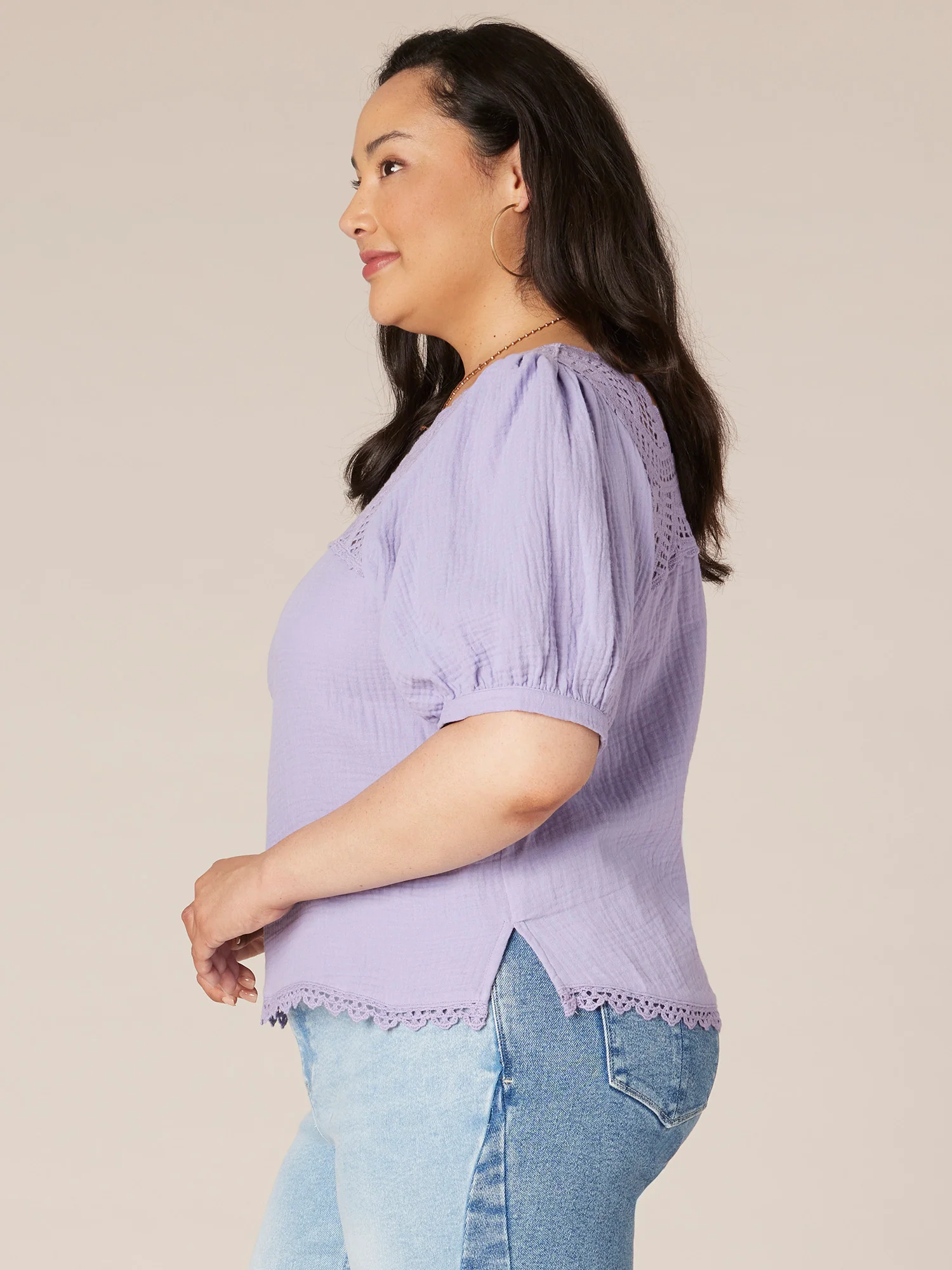 Above Elbow Sleeve Square Neck Plus Size Woven Top with Crochet - Legahigh